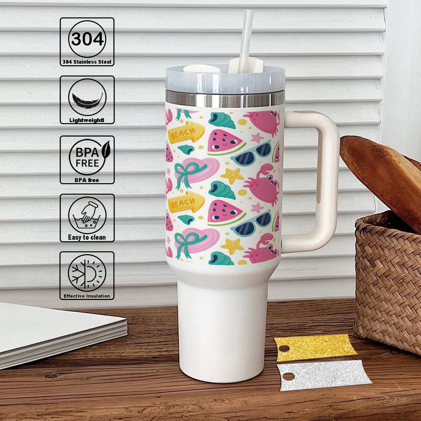 Hand drawn pattern design for summertime Printed 850ML with Lid Leak Proof Big Travel Tumbler with Handle and Straw