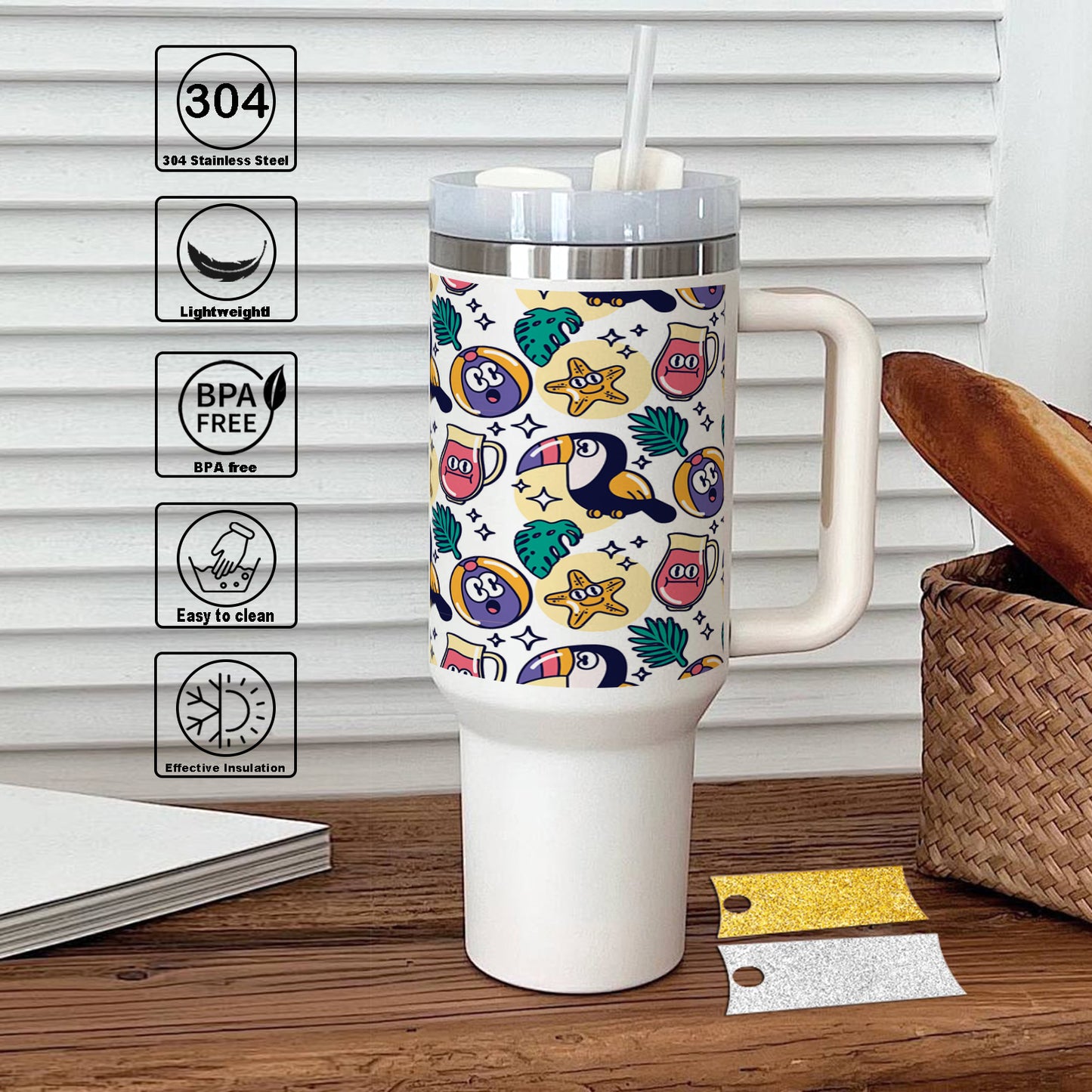 Flat summer pattern design Printed 850ML with Lid Leak Proof Big Travel Tumbler with Handle and Straw