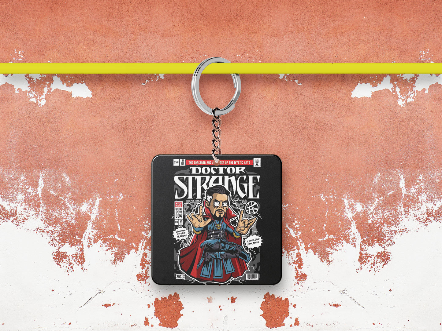 Pop art Dr Strange Printed Square Shape Wooden Keyring with Chain