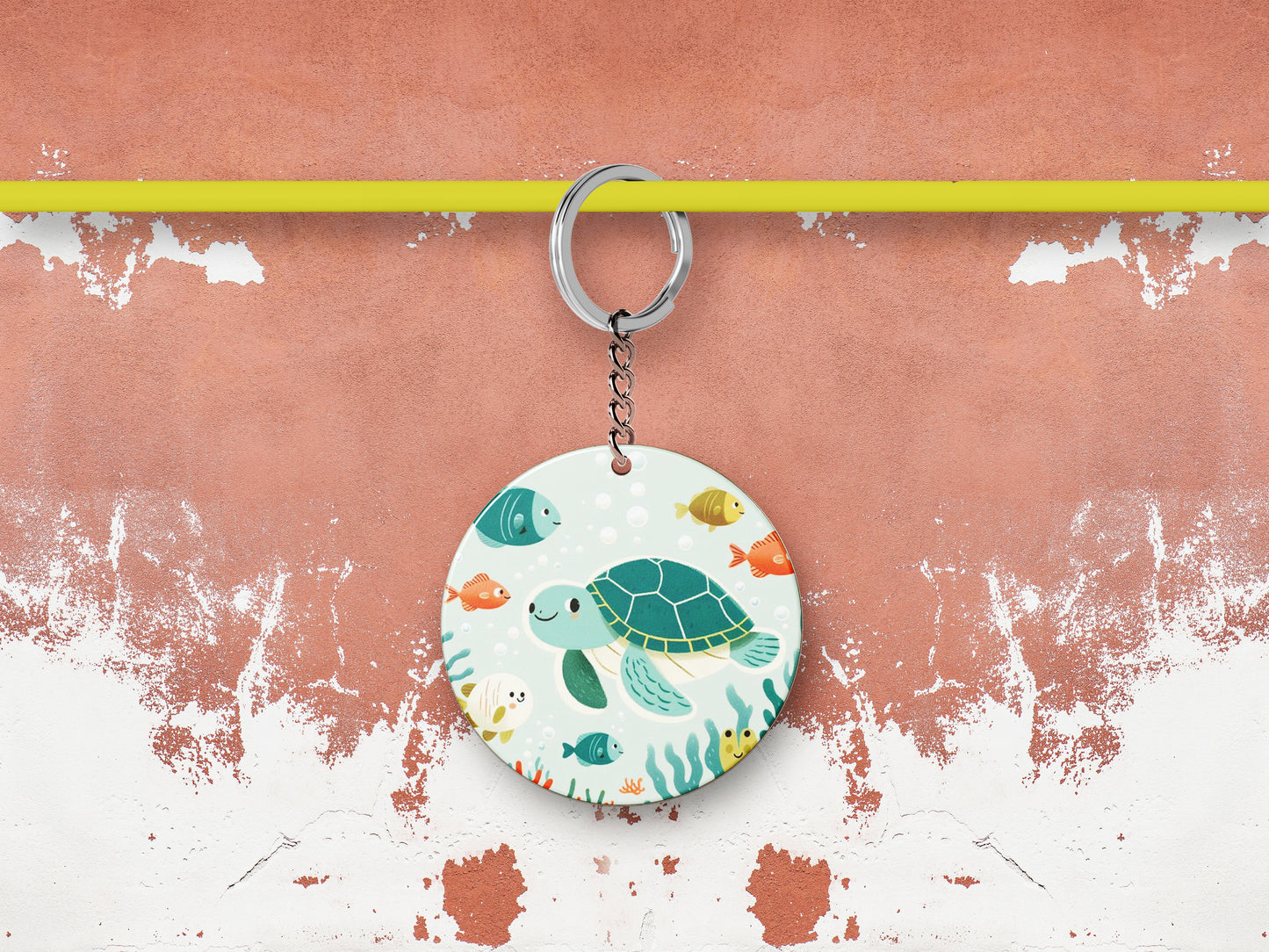 There are sea turtles swimming in the ocean with corals Nursery Painting Printed Round Circle Shape Wooden Keyring with Chain