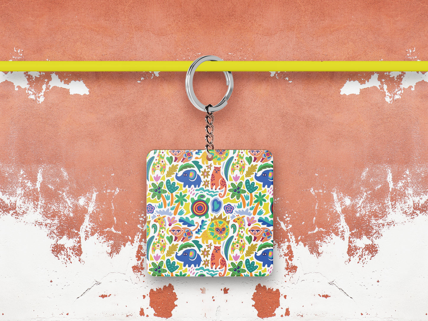 Seamless African Animals Pattern Printed 330 ml White Coffee Mug with Square Shape Wooden Keyring and Chain