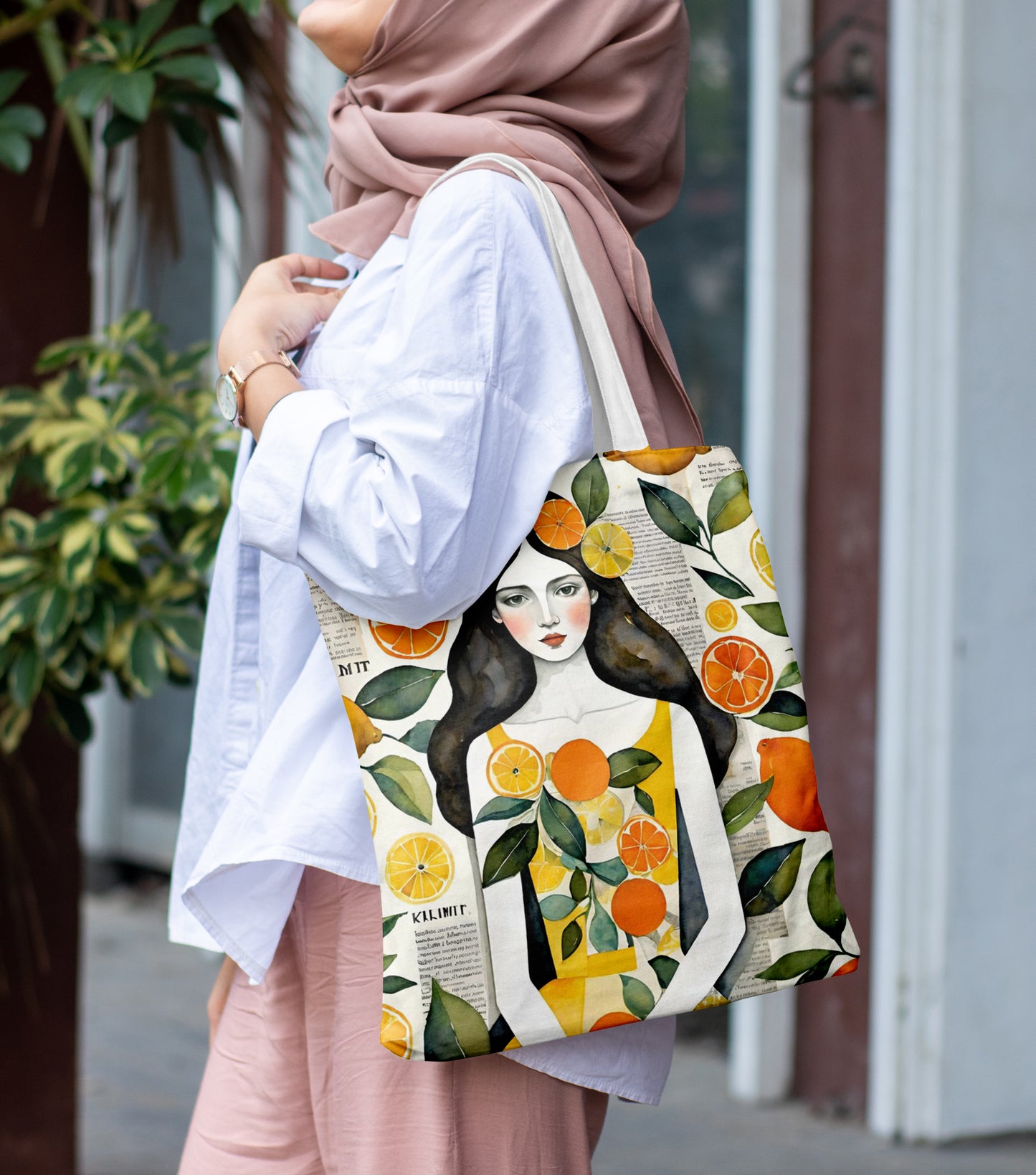 Woman wearing lemon dress Printed Design White Tote Bag (14 X 16 Inches) For Shopping, College, Travel