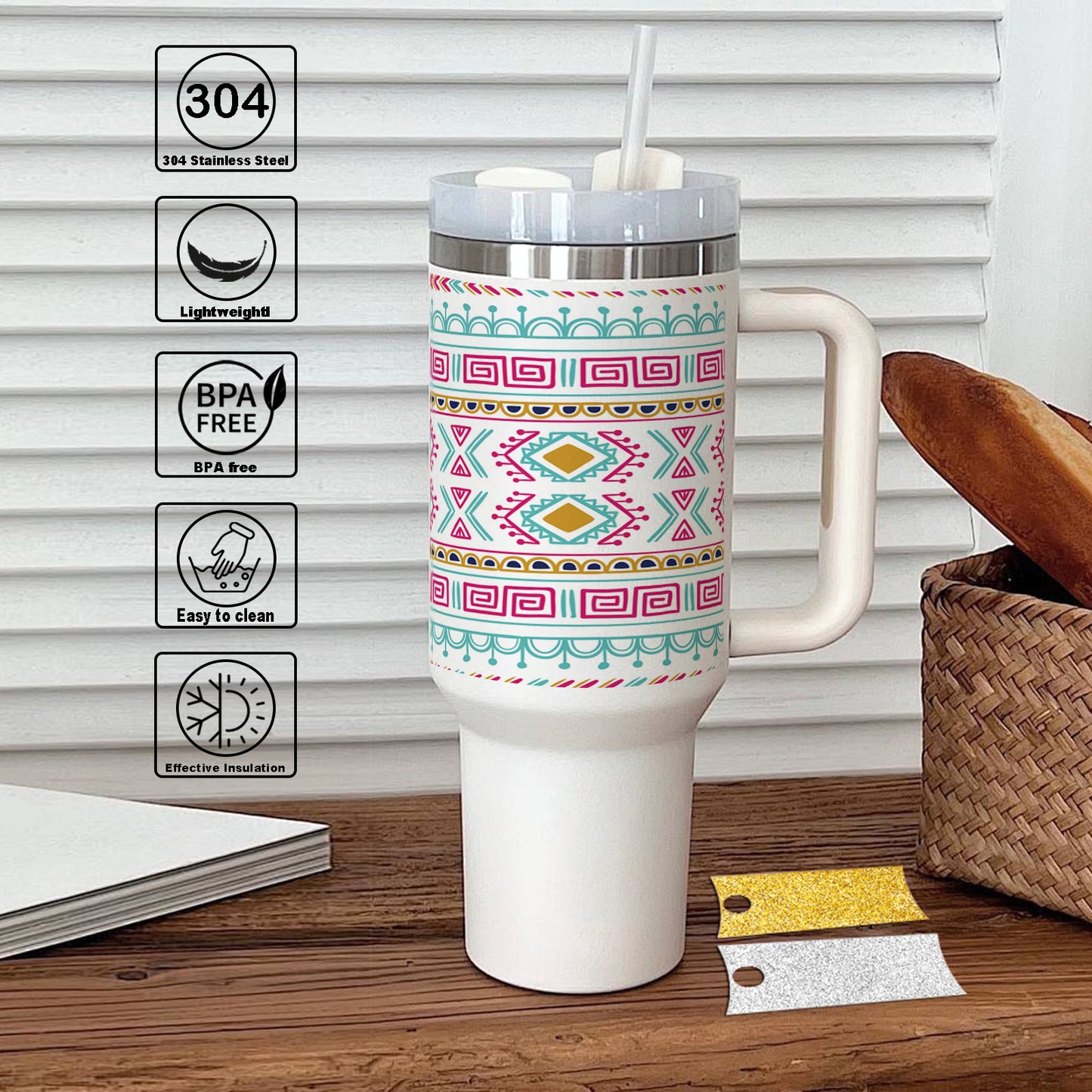 Vector tribal ethnic seamless pattern Printed 850ML with Lid Leak Proof Big Travel Tumbler with Handle and Straw