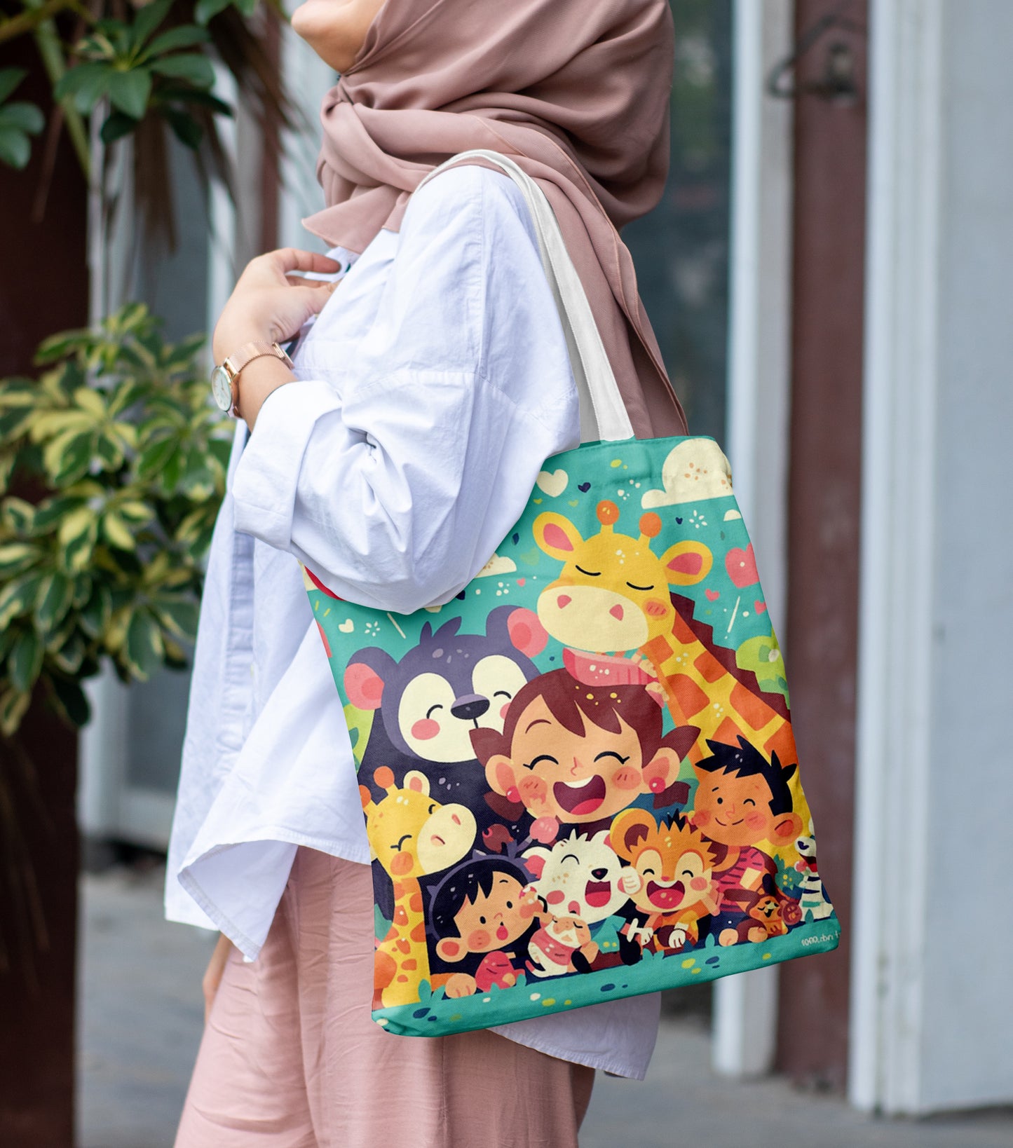 Kids Enjoying Zoo illustrated Printed Design White Tote Bag (14 X 16 Inches) For Shopping, College, Travel