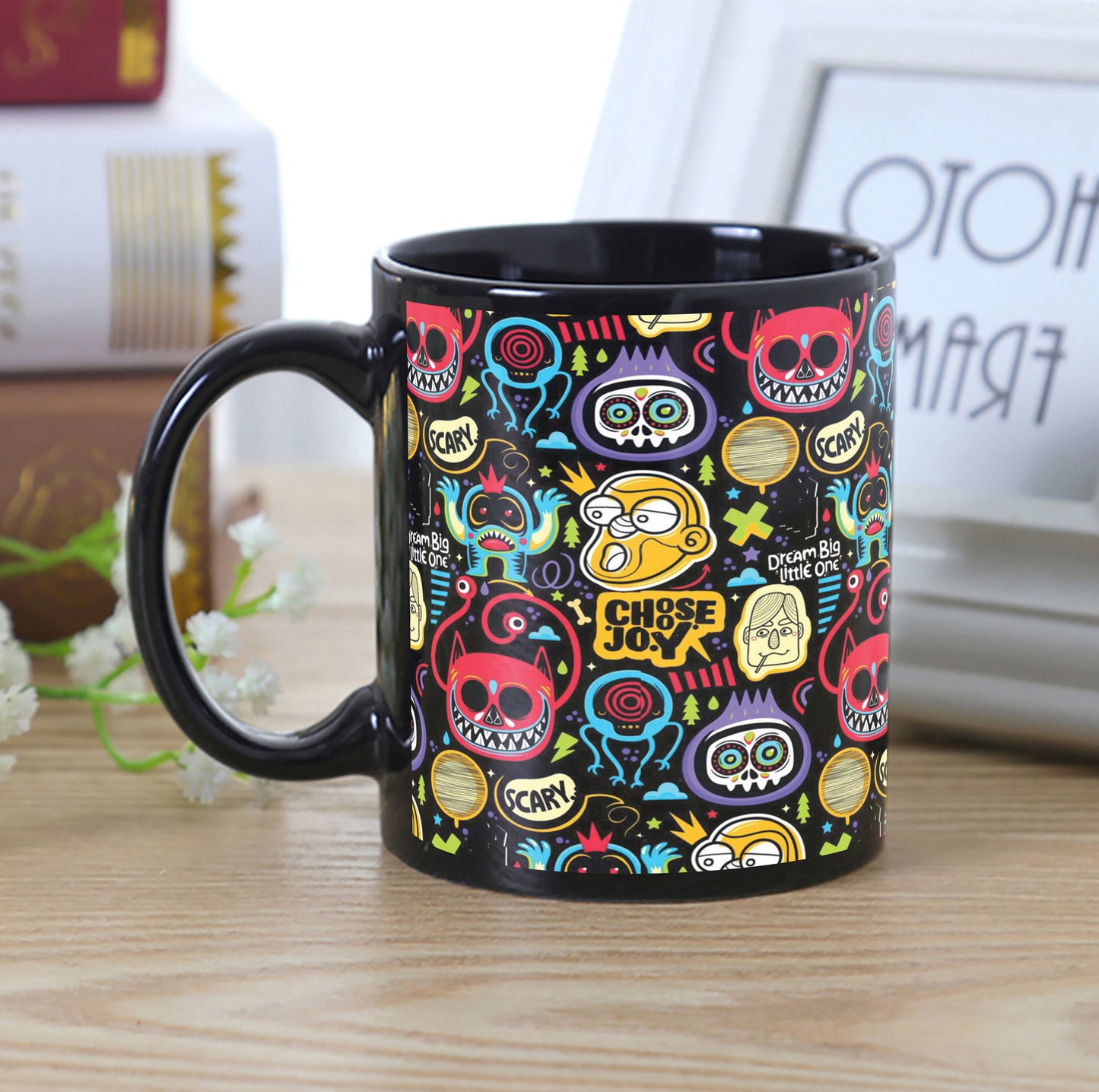 Cute Monster Doodle Art Pattern Design Full Black 330 ml Coffee Mug with Coaster