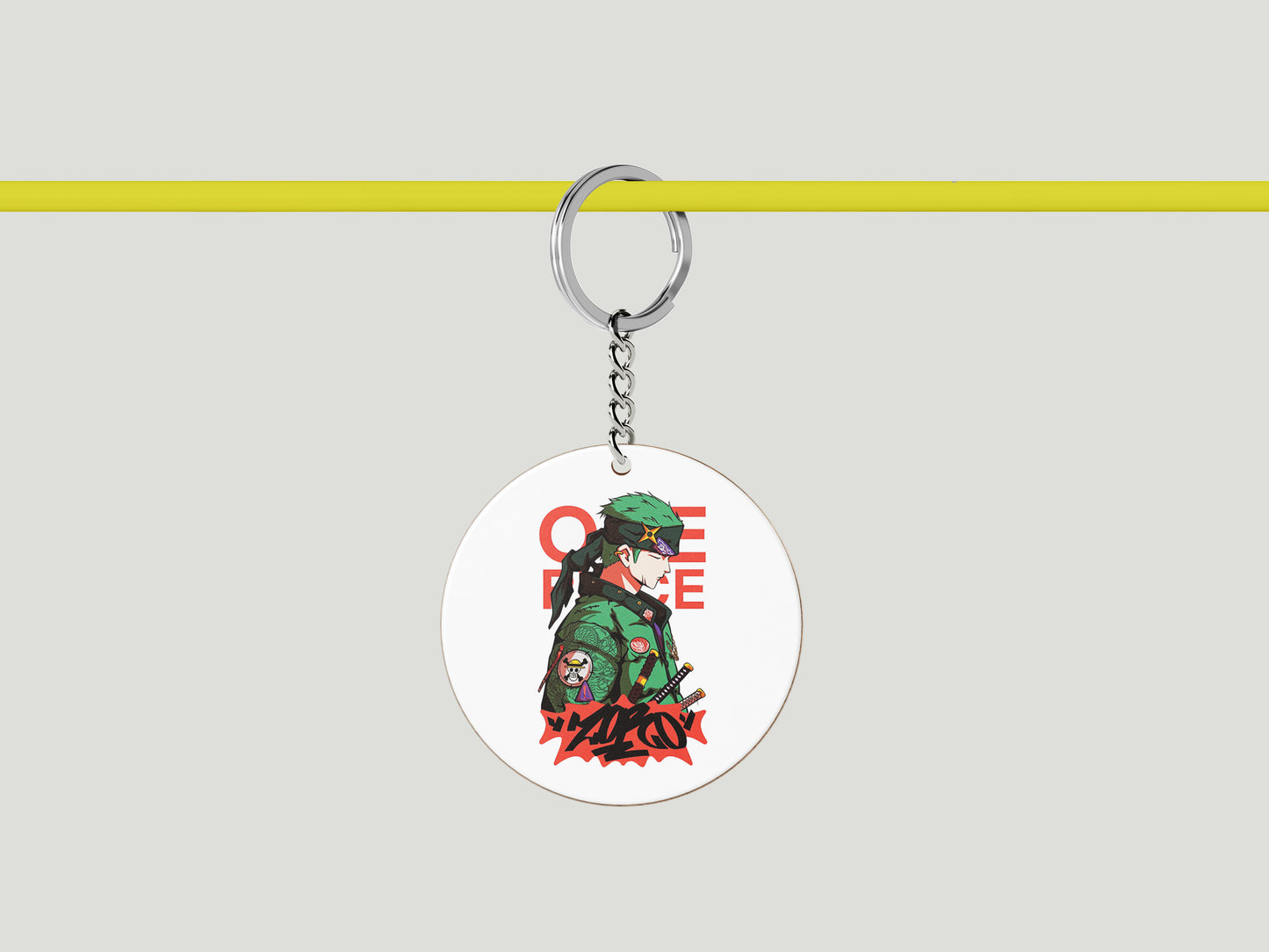 ZORO One Piece Streetwear Essential Design Printed Circle Shape Wooden Keyring with Chain