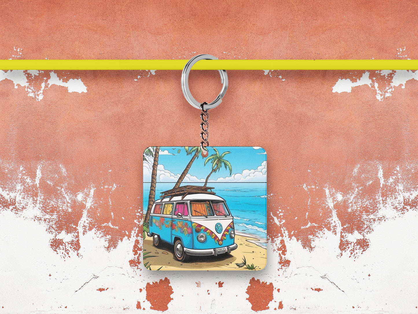 Camping Van on Morning Sun Beach Printed Square Shape Wooden Keyring with Chain