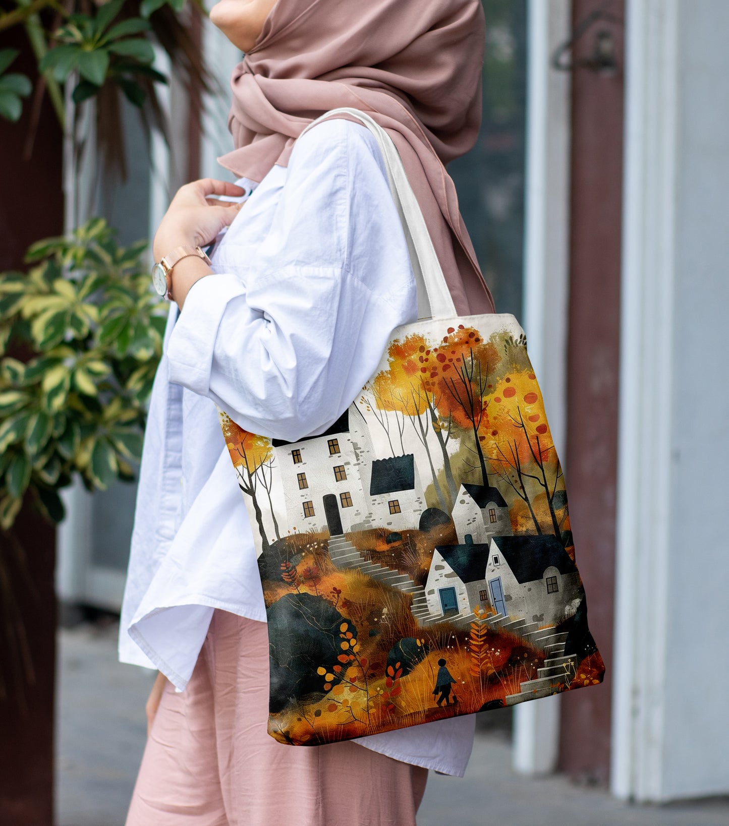 Colorful Autumn Landscape design pattern Printed Design White Tote Bag (14 X 16 Inches) For Shopping, College, Travel