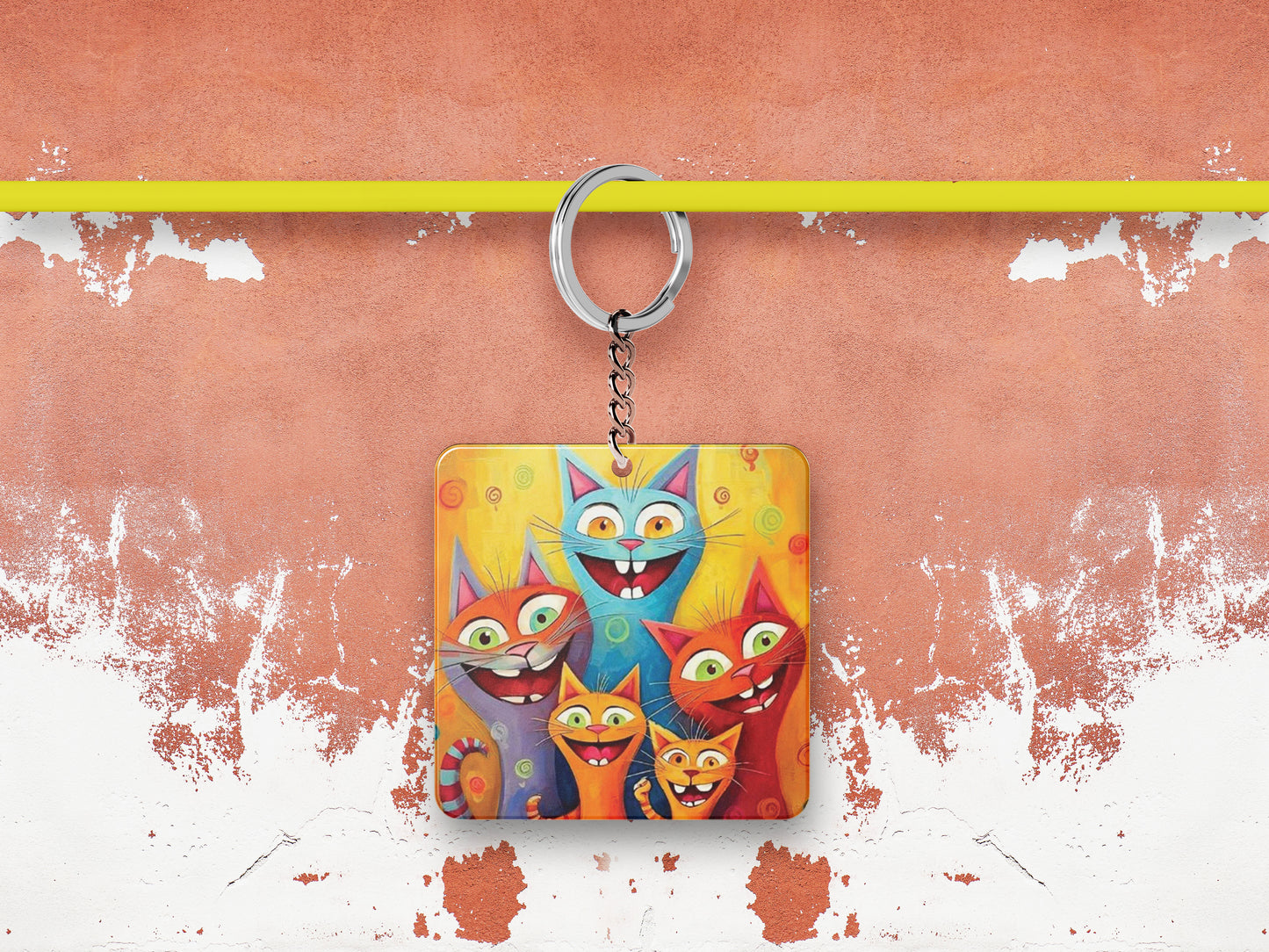 Cartoon cat group watercolor Artwork Printed Square Shape Wooden Keyring with Chain