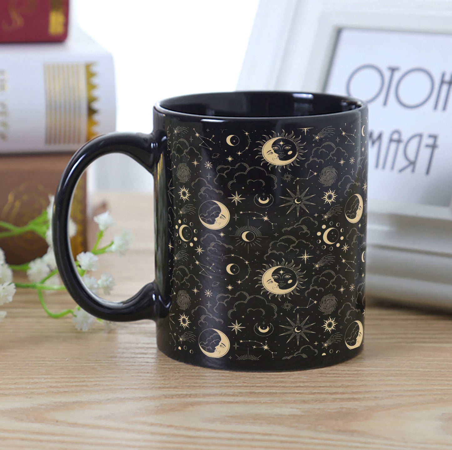 Seamless Vector Constellations and Stars Design Full Black 330 ml Coffee Mug with Coaster