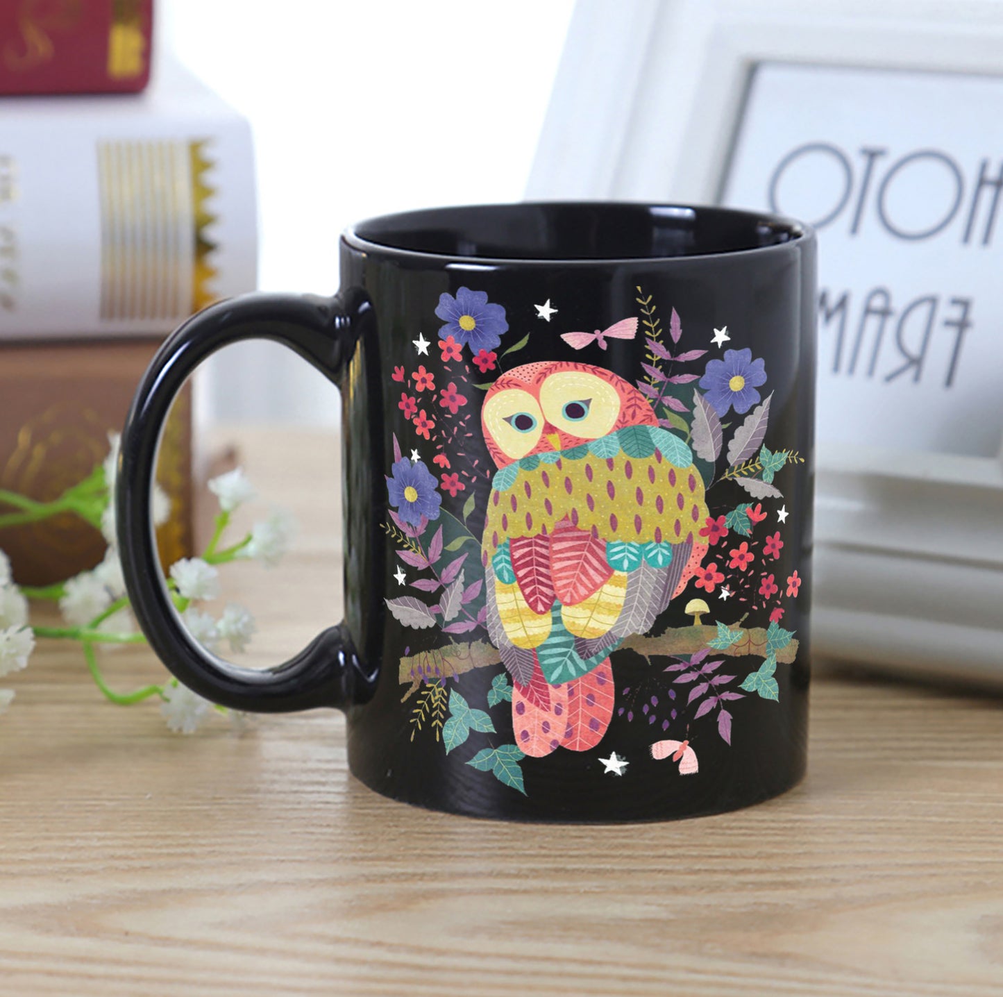 Owl illustration design Full Black 330 ml Coffee Mug with Coaster