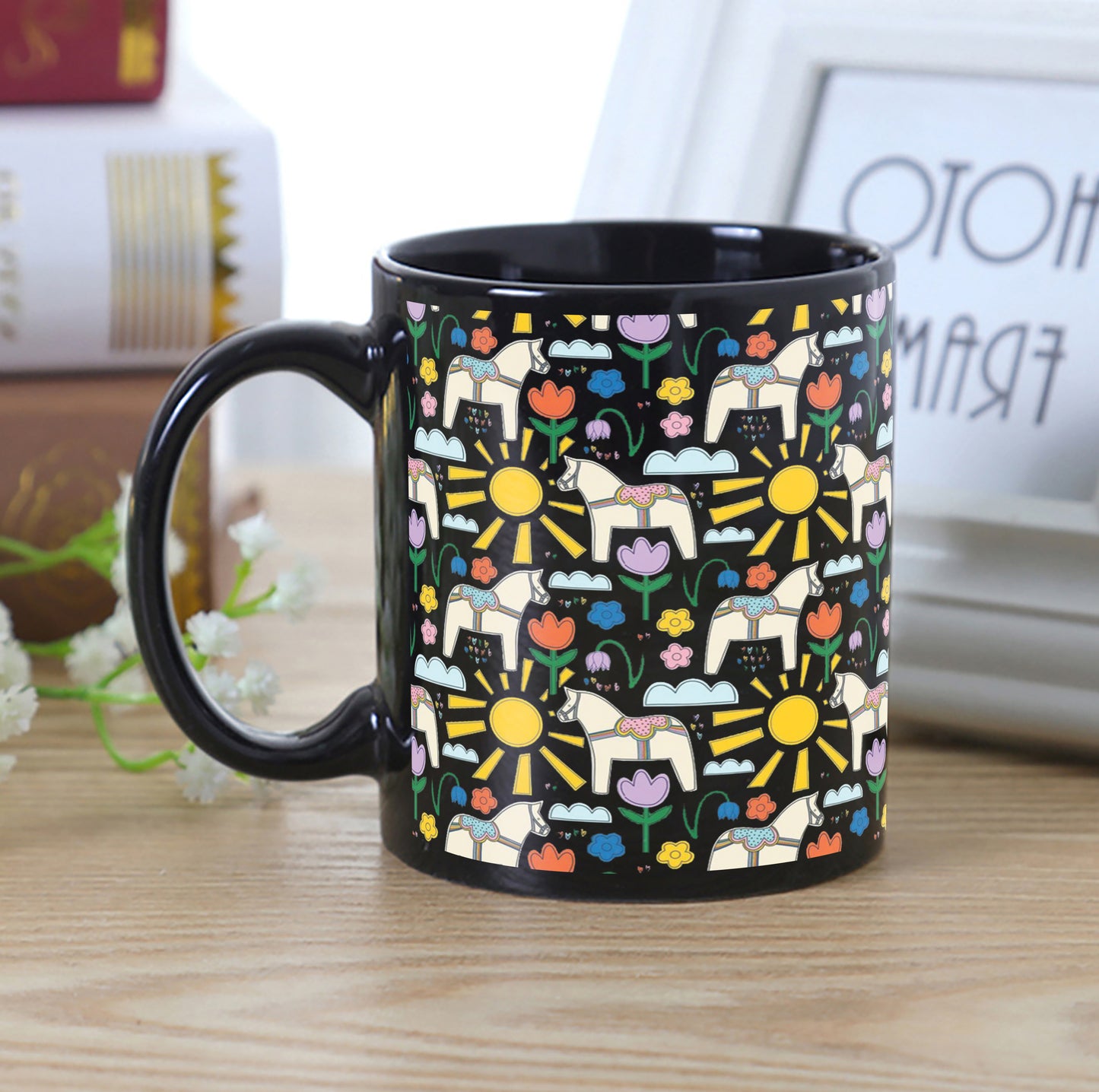 Folk Art Design Full Black 330 ml Coffee Mug with Coaster