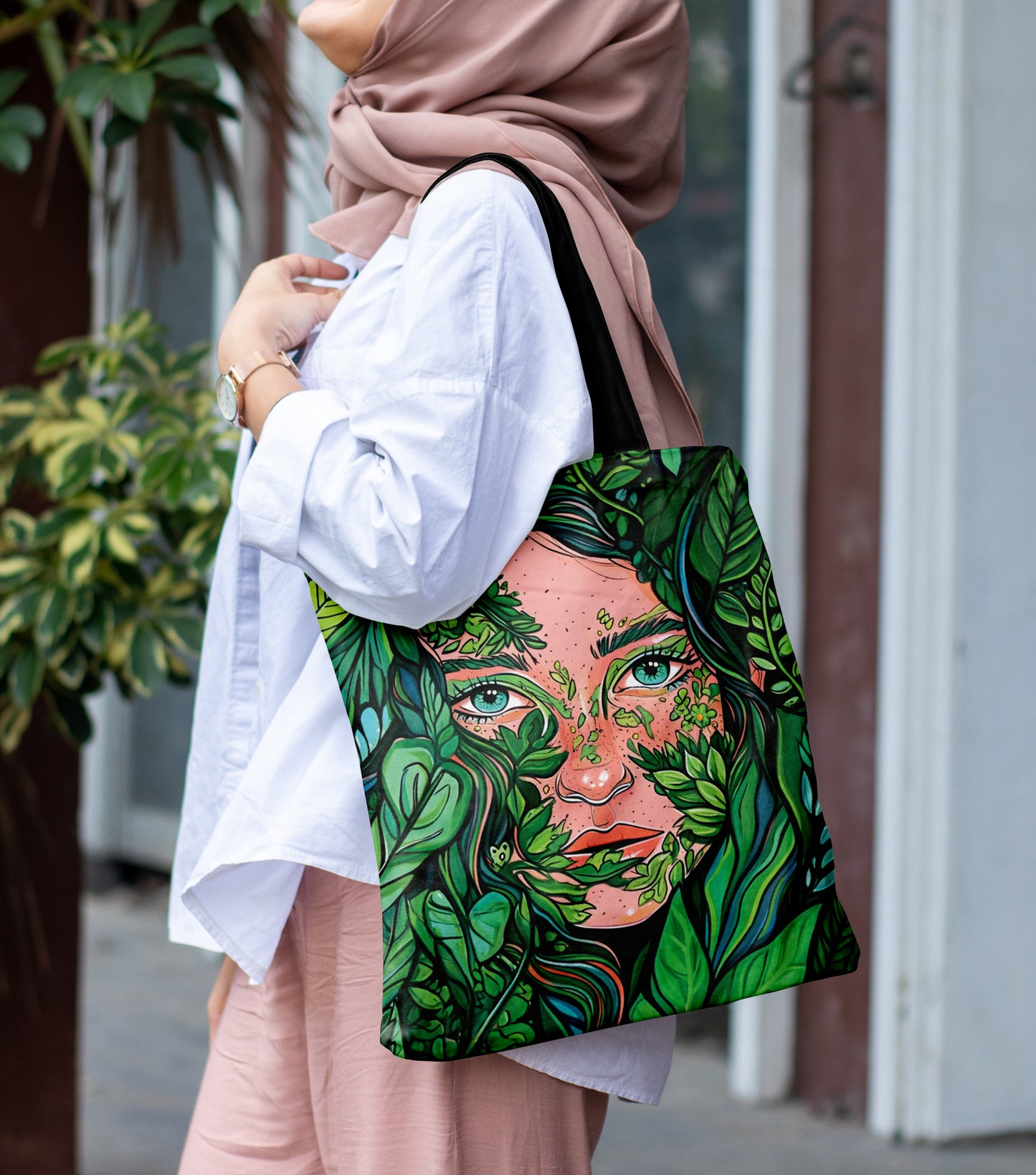 Nature and Girl Design Printed Black Handle Tote Bag (14 X 16 Inches) For Shopping, College, Travel