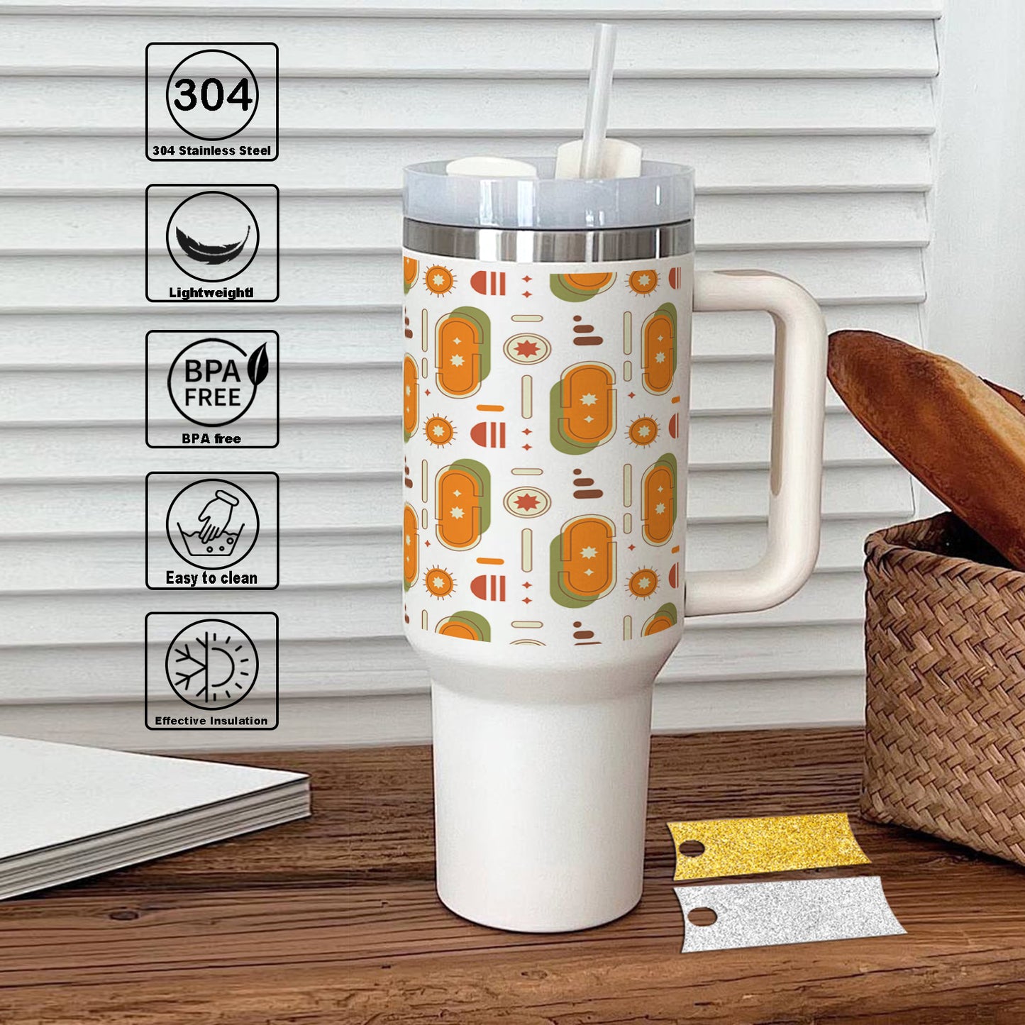 Flat design boho geometric pattern Printed 850ML with Lid Leak Proof Big Travel Tumbler with Handle and Straw