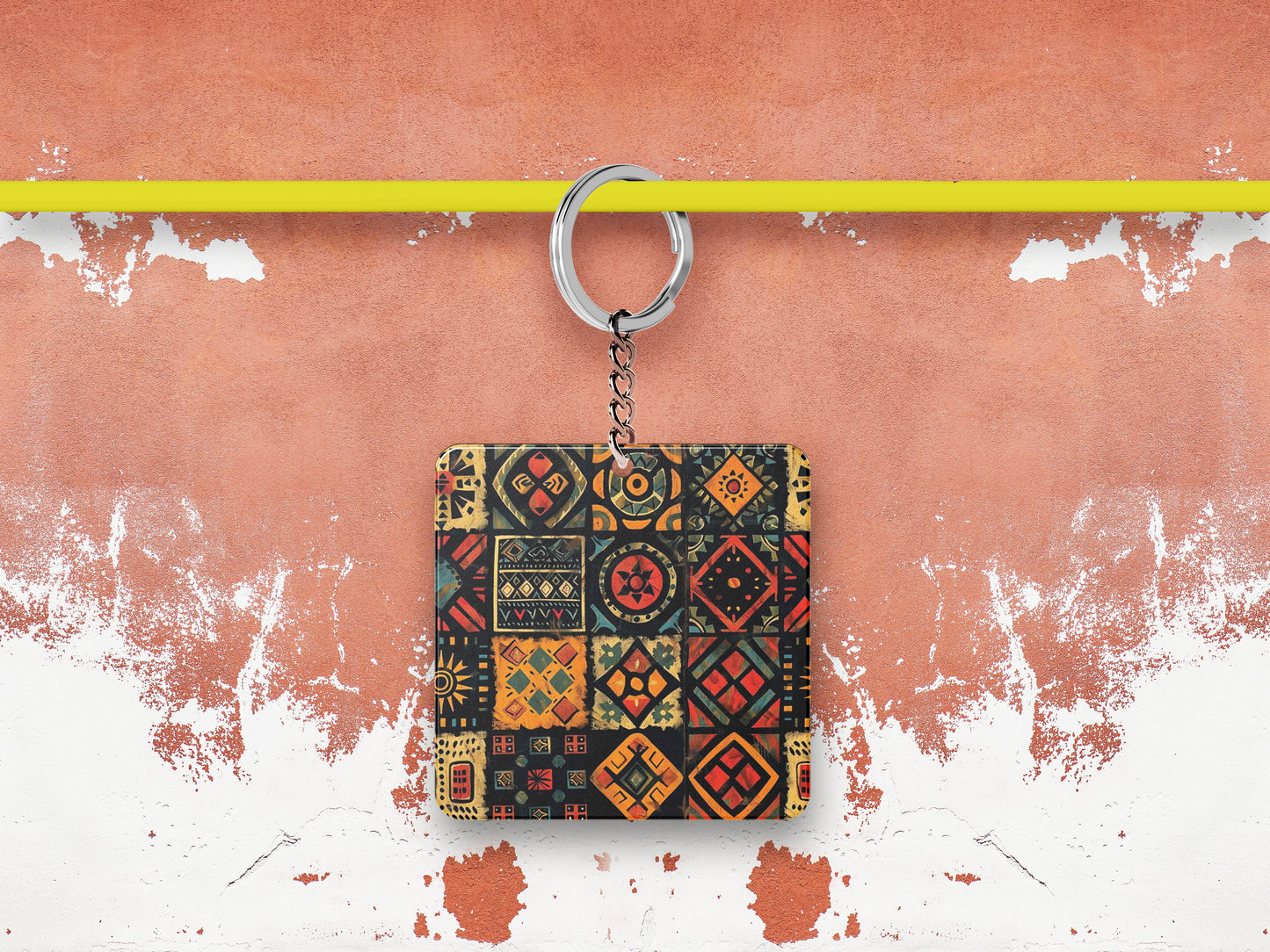 Colorful African Seamless Pattern Printed 330 ml White Coffee Mug with Square Shape Wooden Keyring and Chain