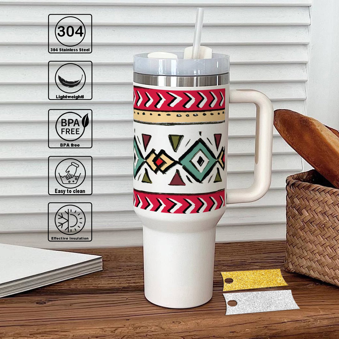 Ethnic Pattern 1 Printed 850ML with Lid Leak Proof Big Travel Tumbler with Handle and Straw