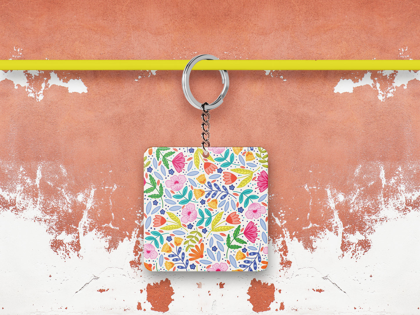 Amazing seamless floral pattern Printed Square Shape Wooden Keyring with Chain