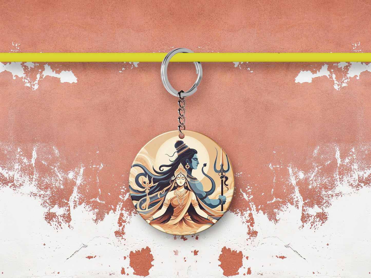 Maha Shivratri Lord Shiva Artwork, Mahadev illustration Printed Round Circle Shape Wooden Keyring with Chain