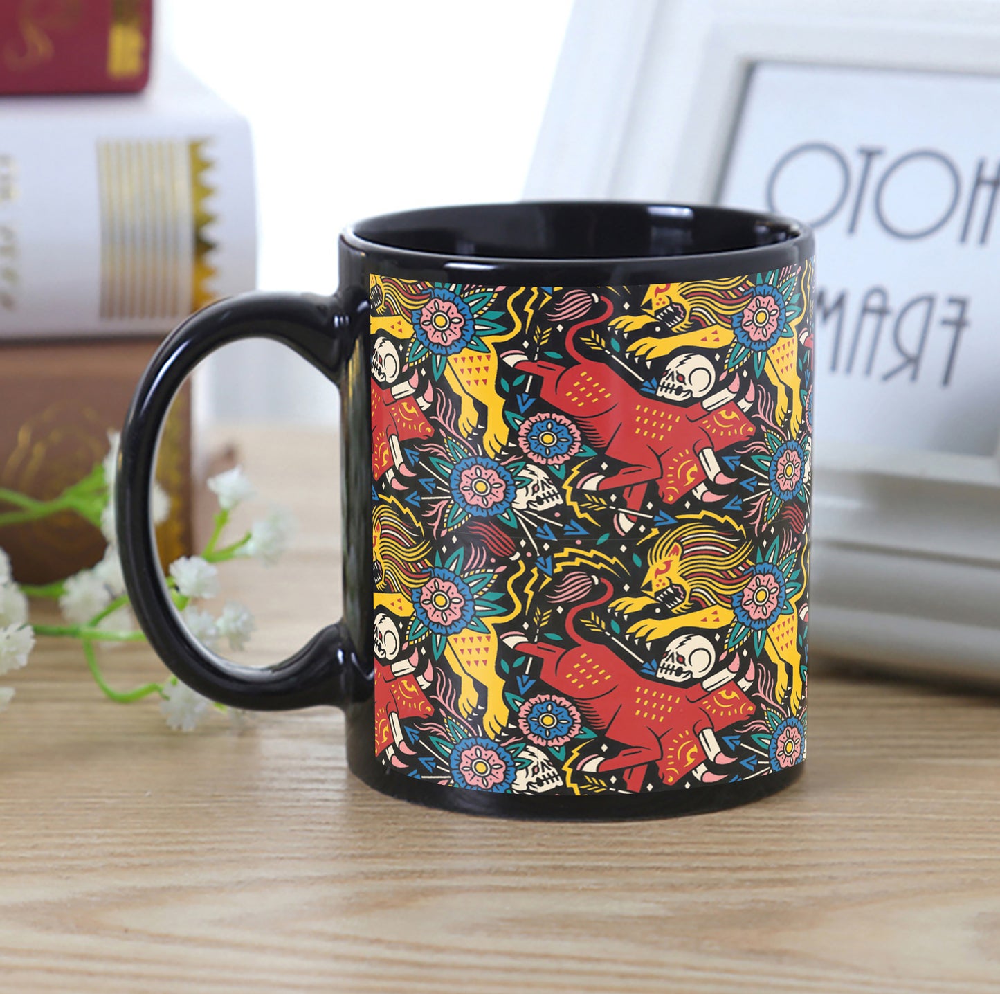 Vivid Animals Art pattern Design Full Black 330 ml Coffee Mug with Coaster