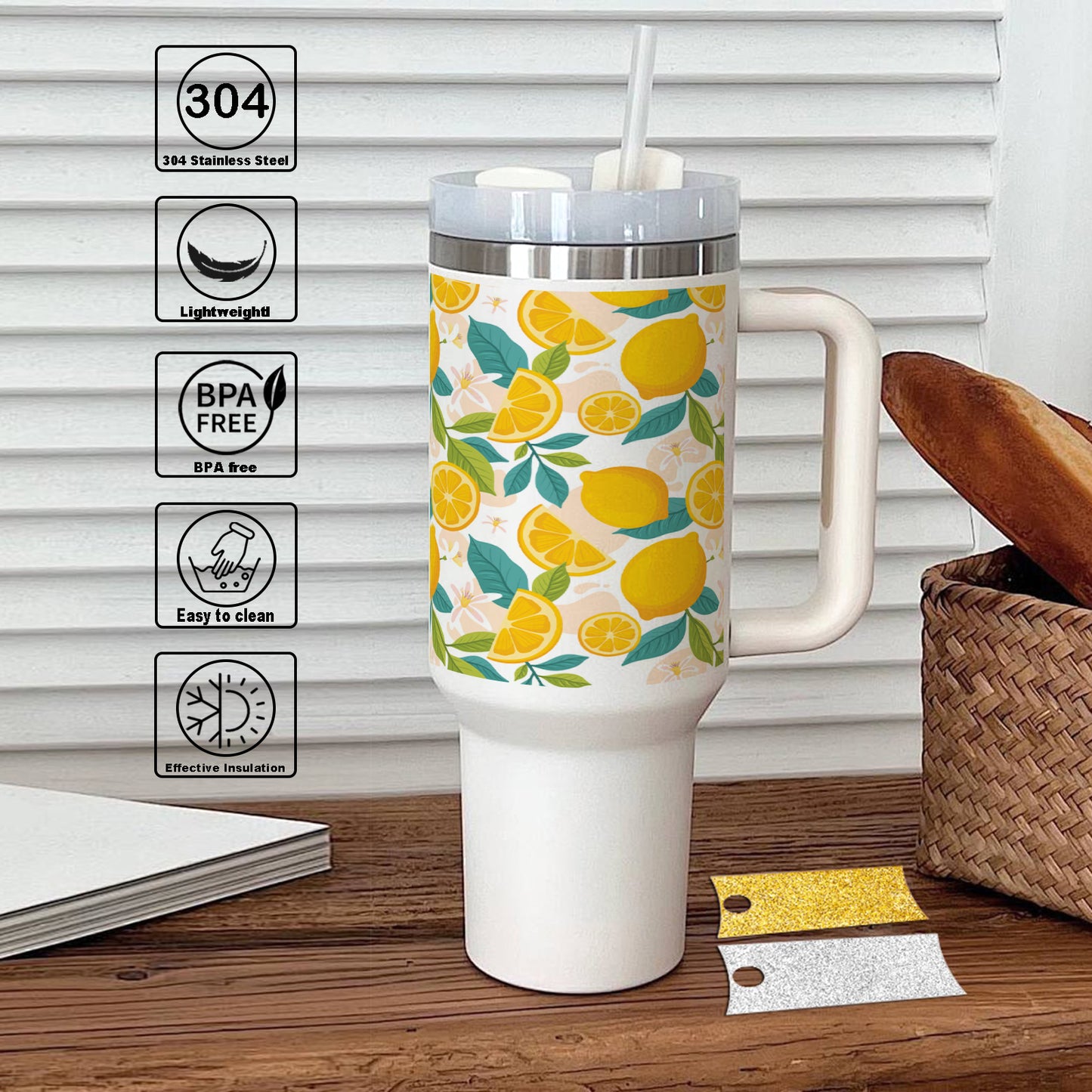 Hand drawn fruit and floral design Printed 850ML with Lid Leak Proof Big Travel Tumbler with Handle and Straw