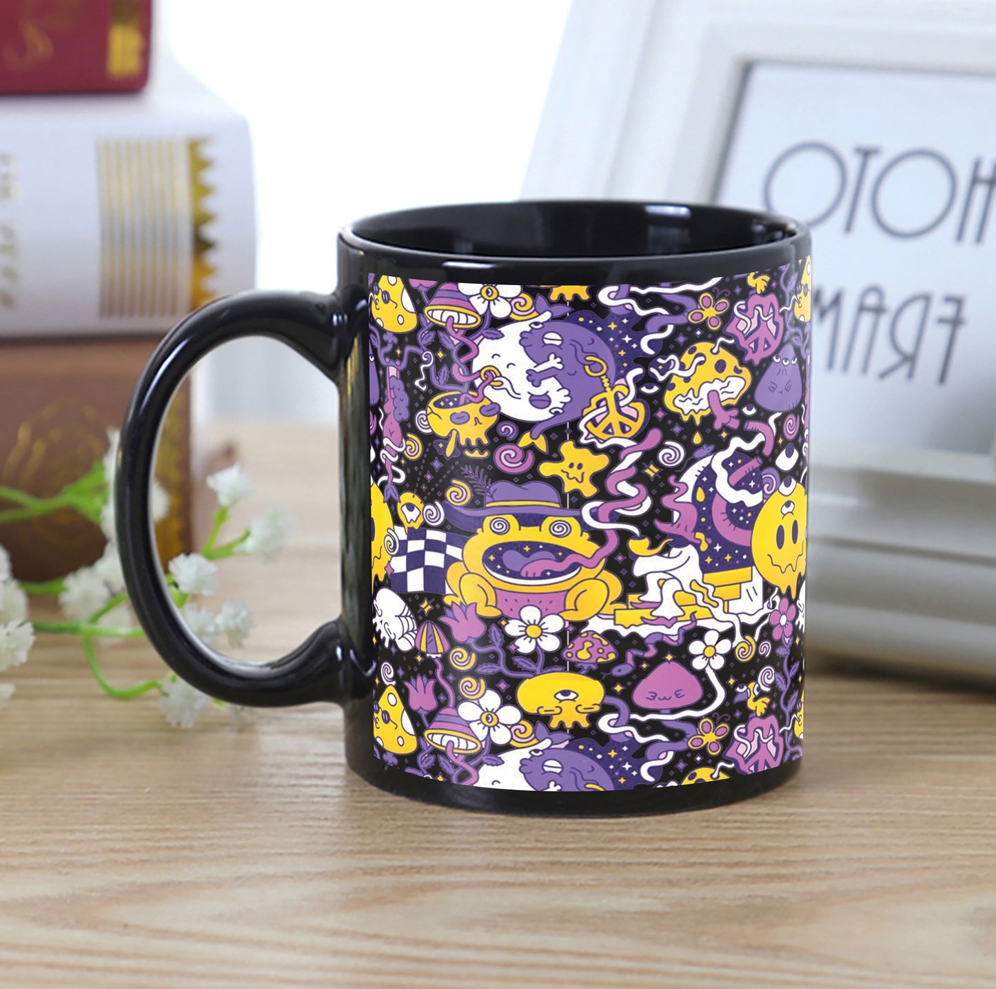 Trippy pattern Design Full Black 330 ml Coffee Mug with Coaster