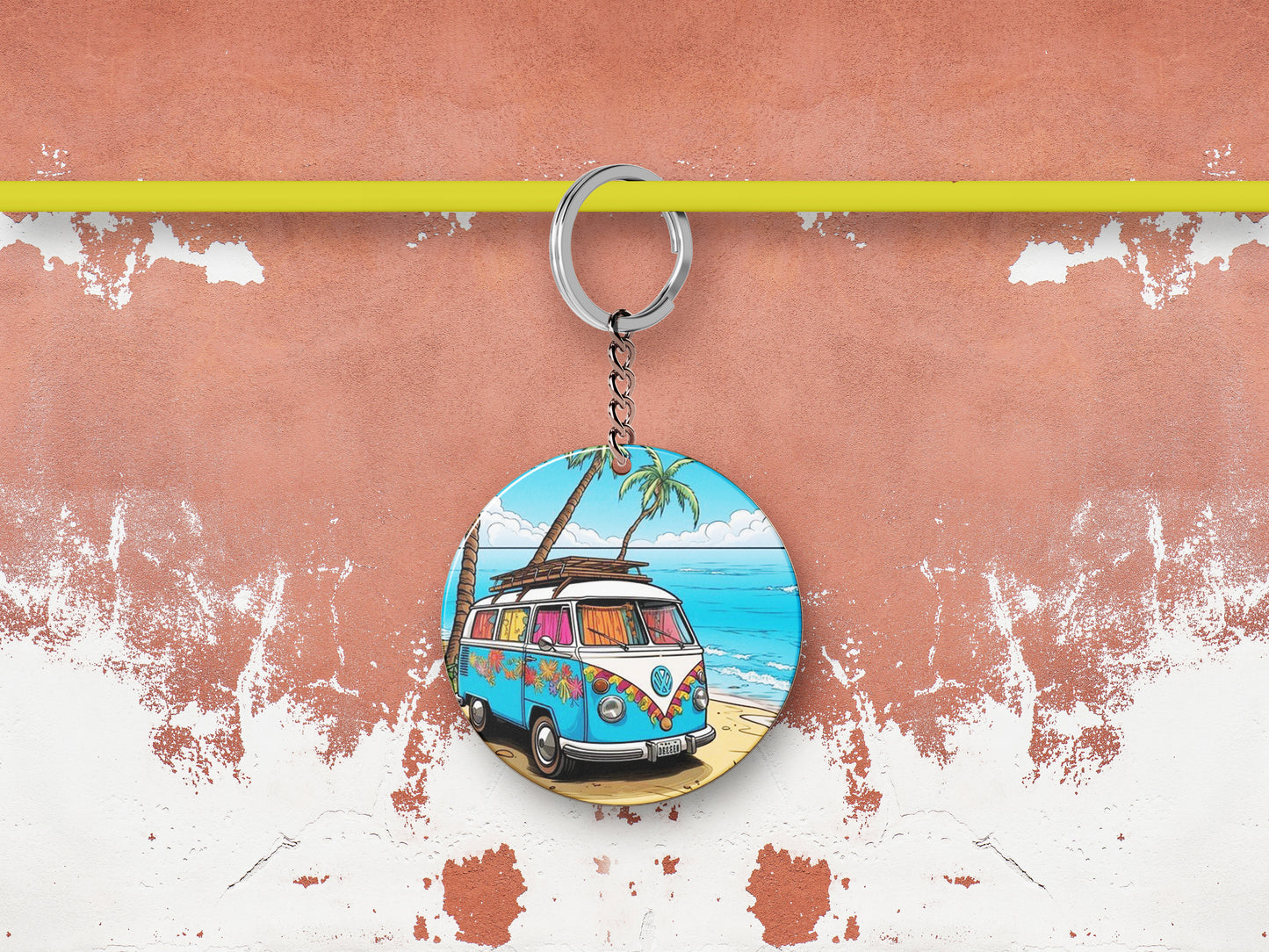 Camping Van on Morning Sun Beach Printed Round Circle Shape Wooden Keyring with Chain