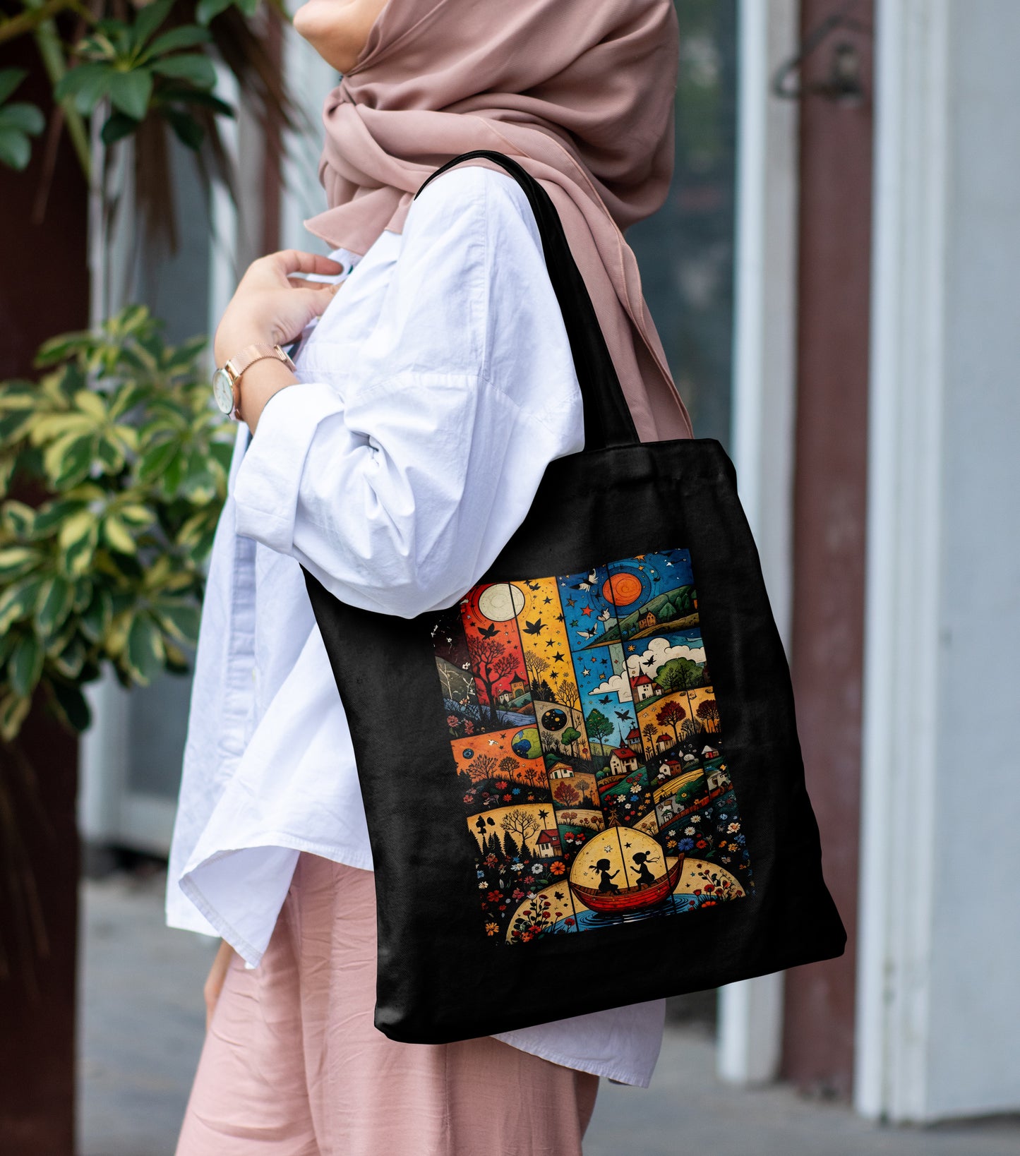 Painting of a person in a boat Design Printed Black Patch With Pocket Tote Bag (14 X 16 Inches) For Shopping, College, Travel