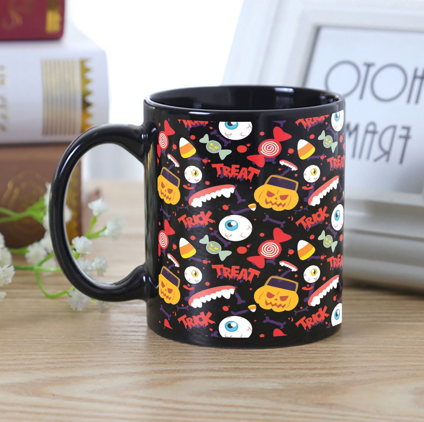 Halloween Pumpkins Pattern Design Full Black 330 ml Coffee Mug with Coaster
