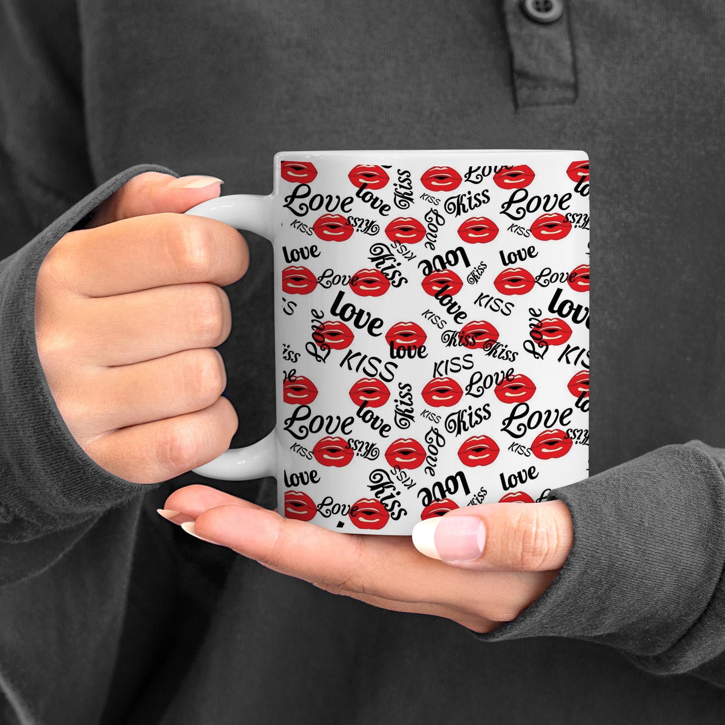 Red kissing lips vector Pattern design pattern White 330 ml Coffee Mug