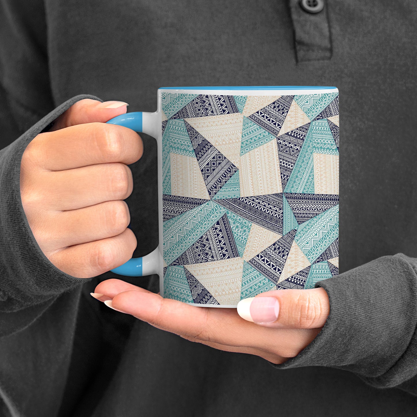 Triangle seamless pattern in patchwork style design Pattern Sky Blue Handle 330 ml Coffee Mug