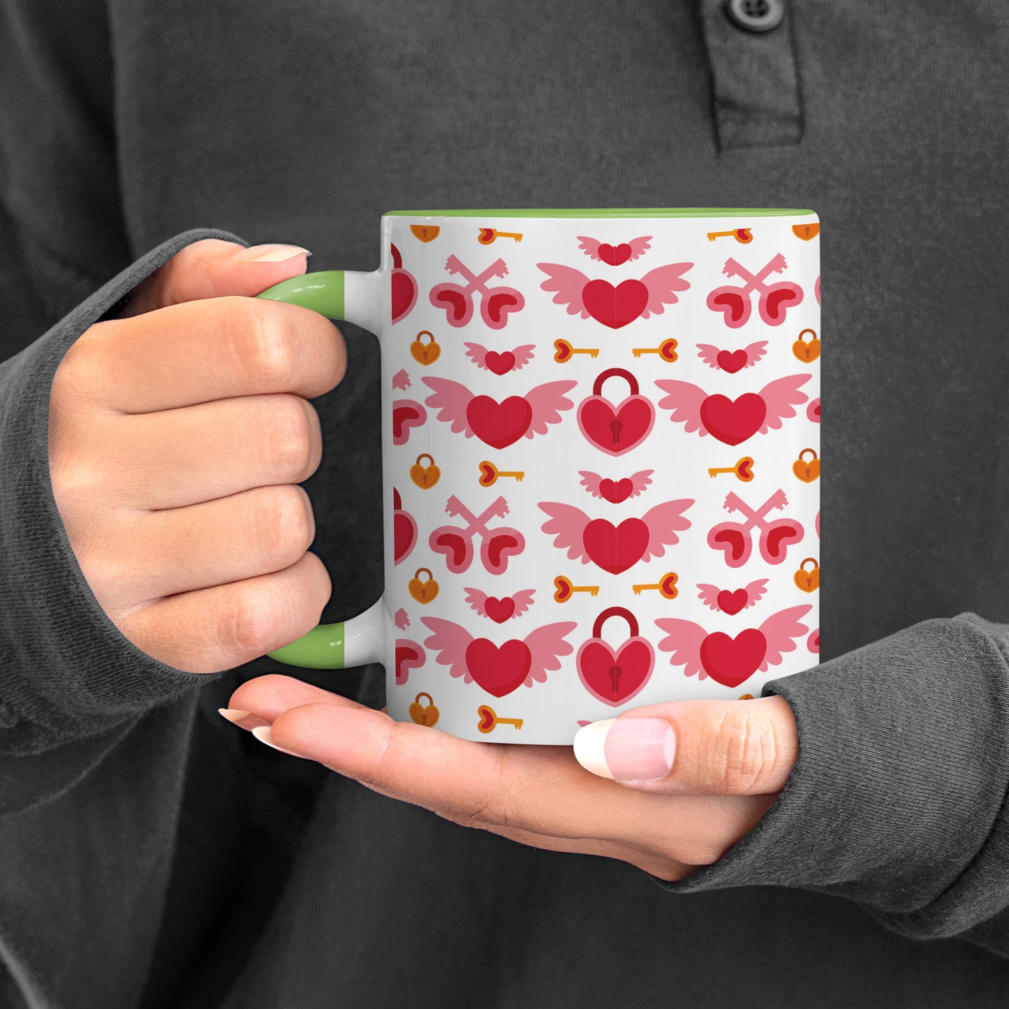 red seamless love element pattern design (2) Pattern Lite Green Handle 330 ml Coffee Mug