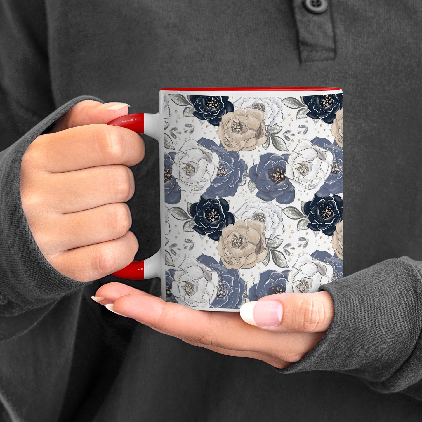 Flowers design Red Handle 330 ml Coffee Mug