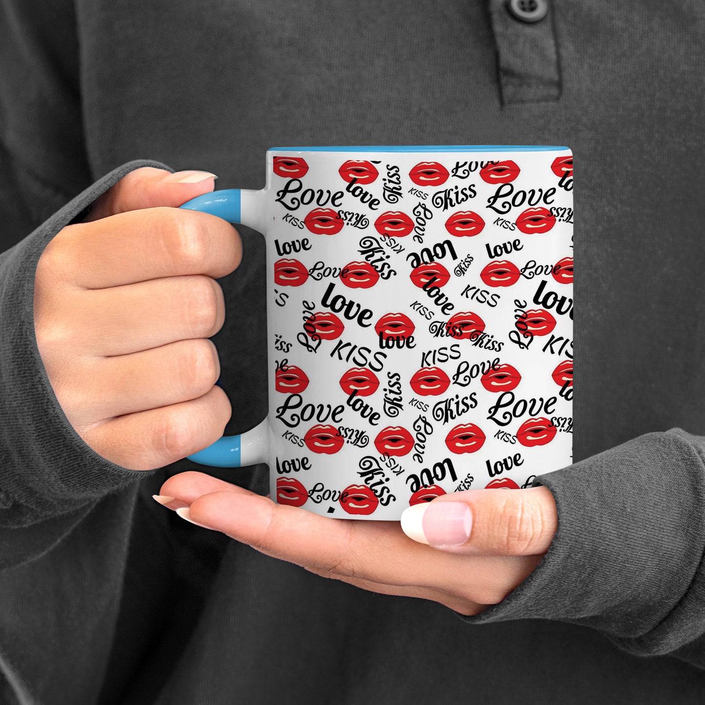 Red kissing lips vector Pattern design Pattern Sky Blue Handle 330 ml Coffee Mug