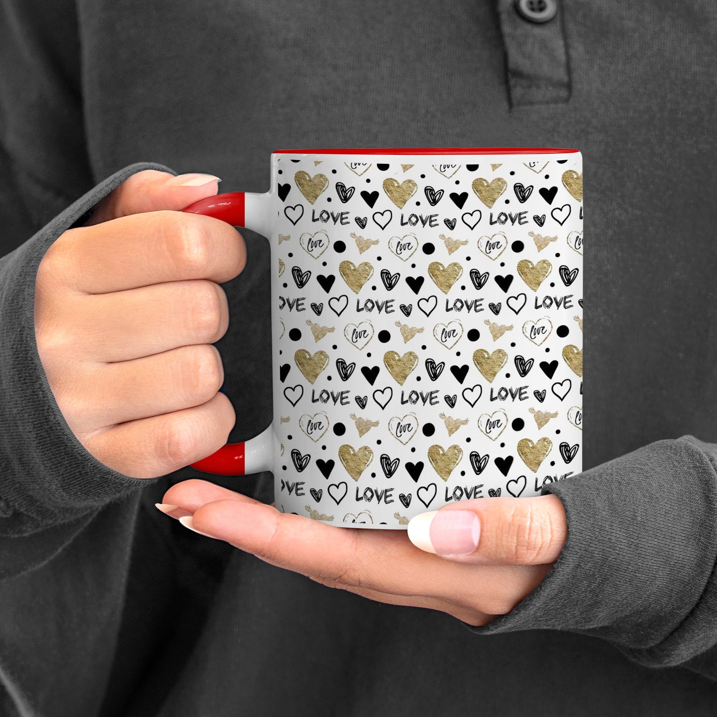 Love hearts pattern Red Handle 330 ml Mug