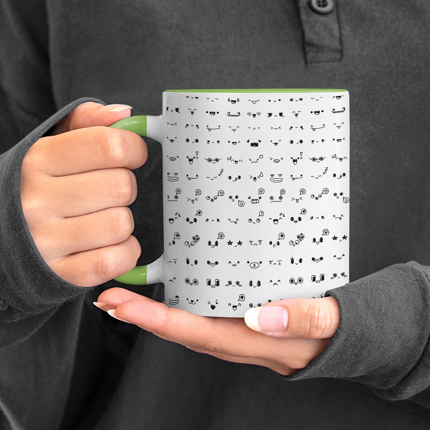 kawaii faces doodle art design pattern design Pattern Lite Green Handle 330 ml Coffee Mug