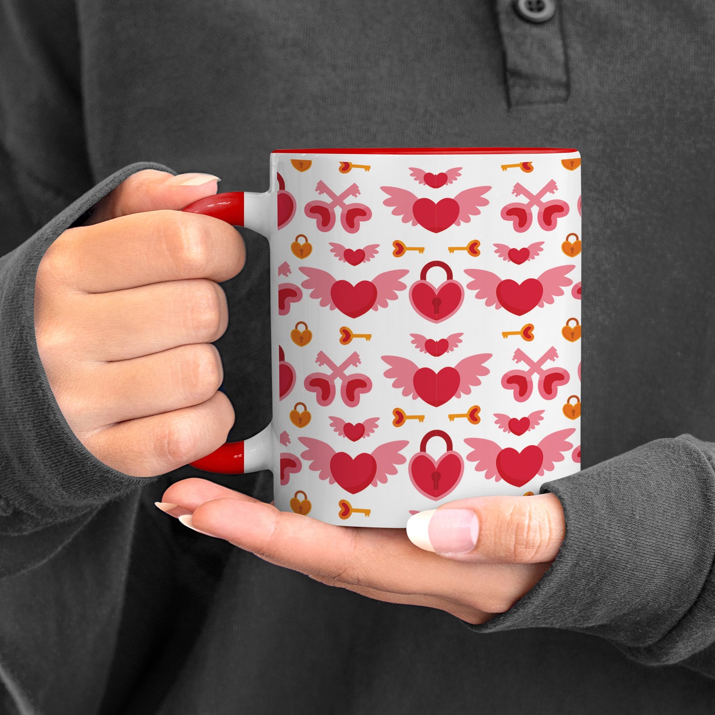 Red seamless love element 2 pattern design Red Handle 330 ml Coffee Mug