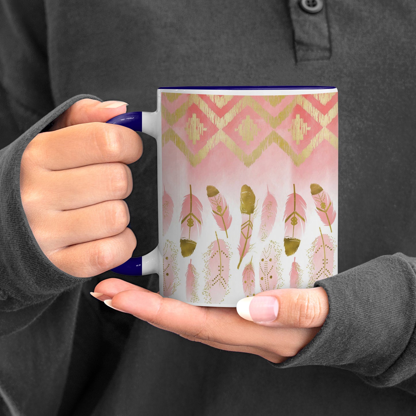 Pink plumas Pattern Dark Blue Handle 330 ml Coffee Mug