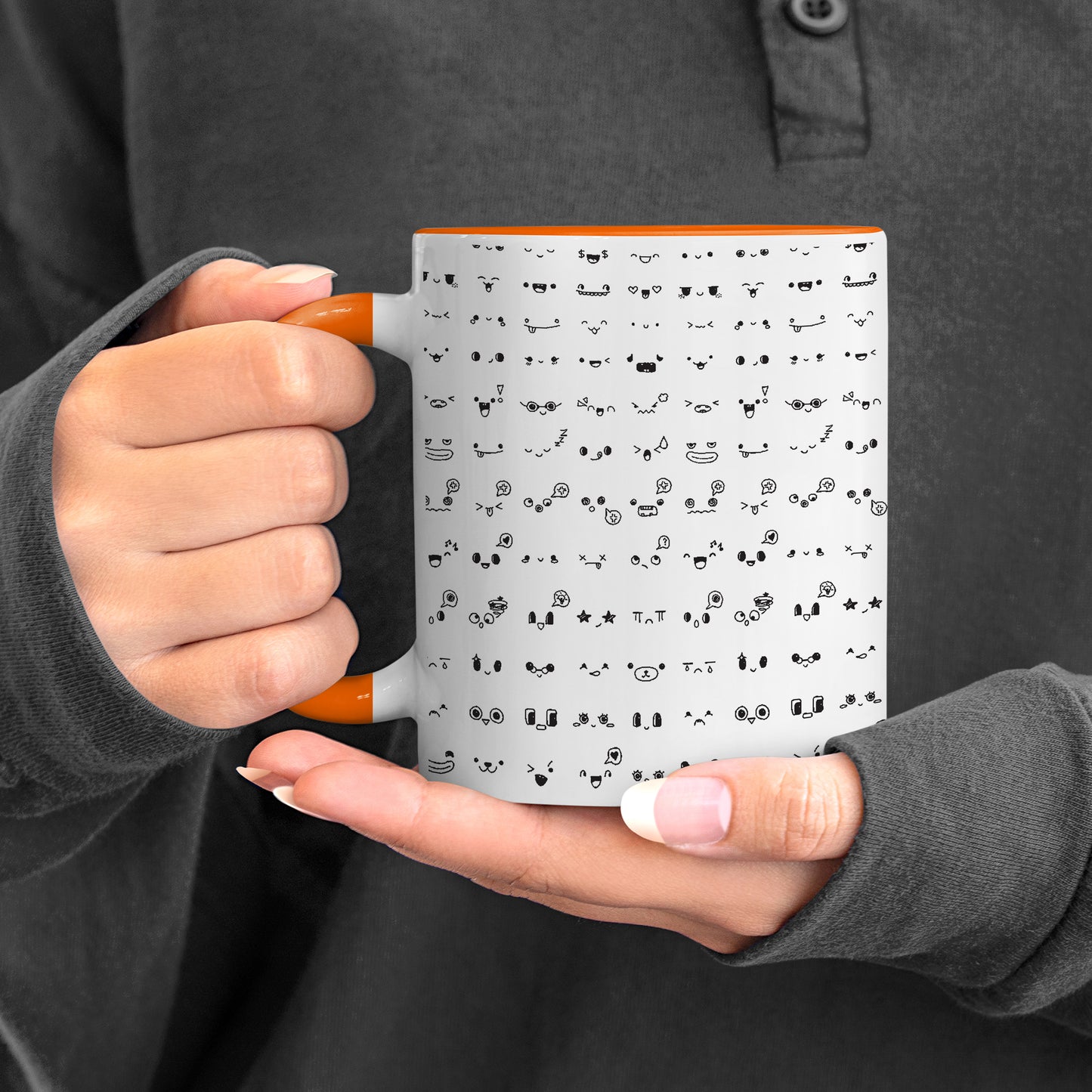 Kawaii faces doodle art design Orange Handle 330 ml Coffee Mug