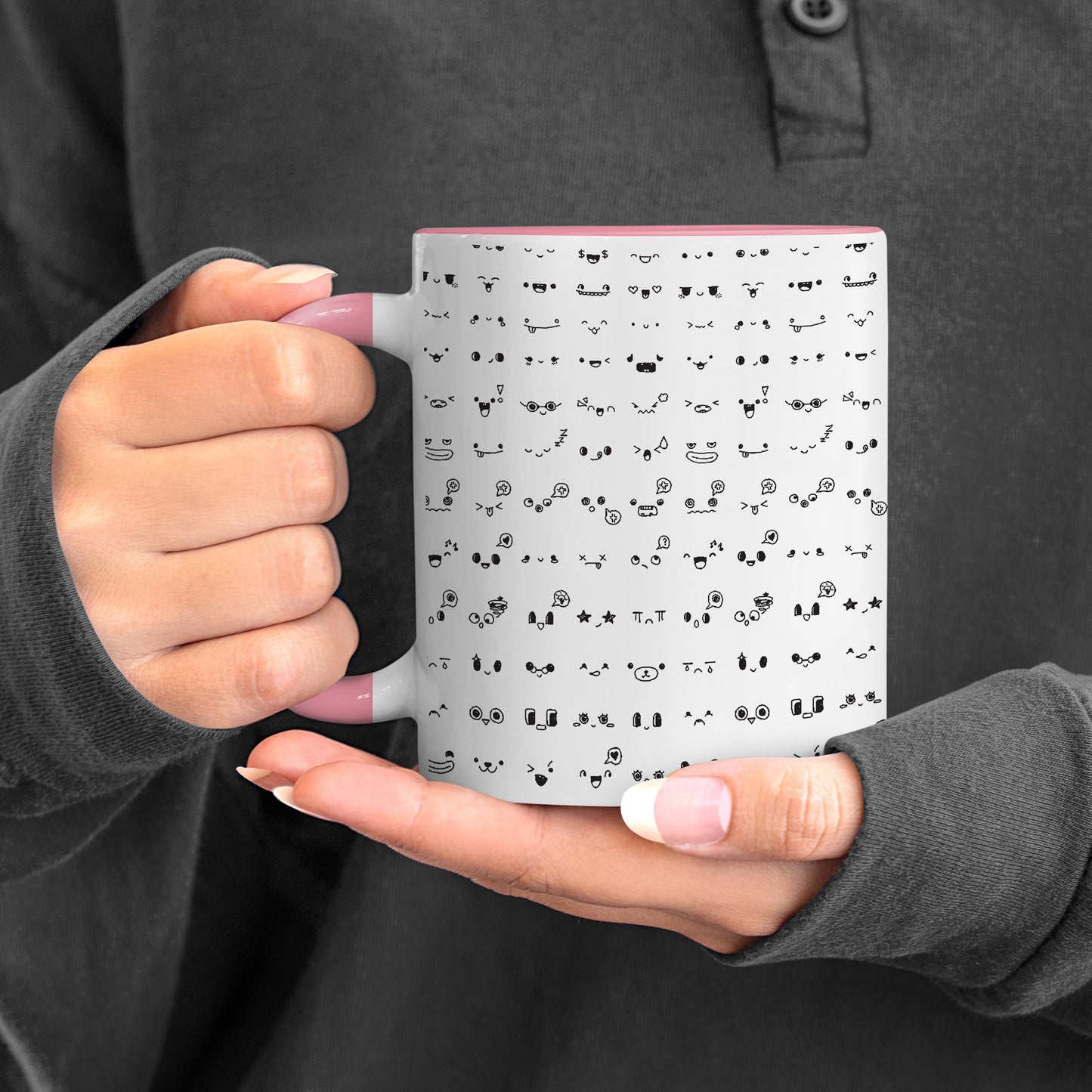 Kawaii faces doodle art design Pattern Lite Pink Handle 330 ml Coffee Mug