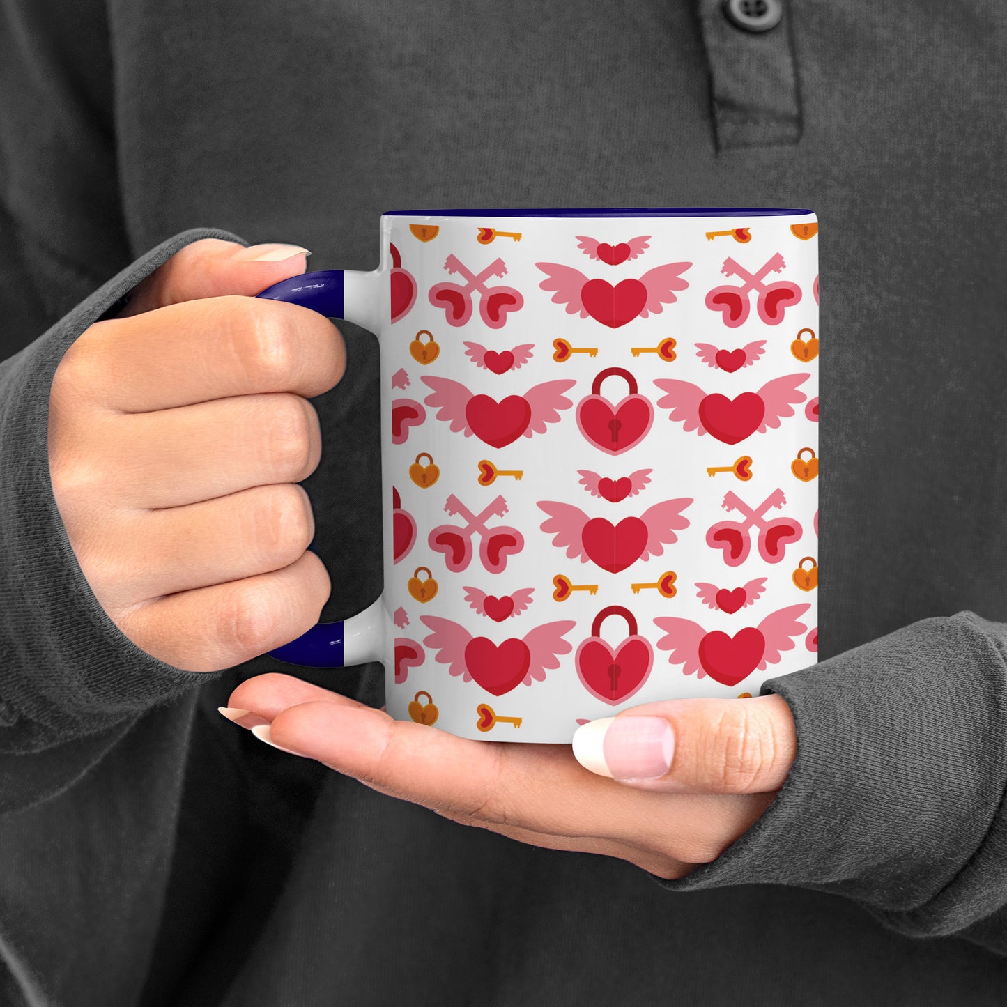 Red seamless love element design 2 Pattern Dark Blue Handle 330 ml Coffee Mug