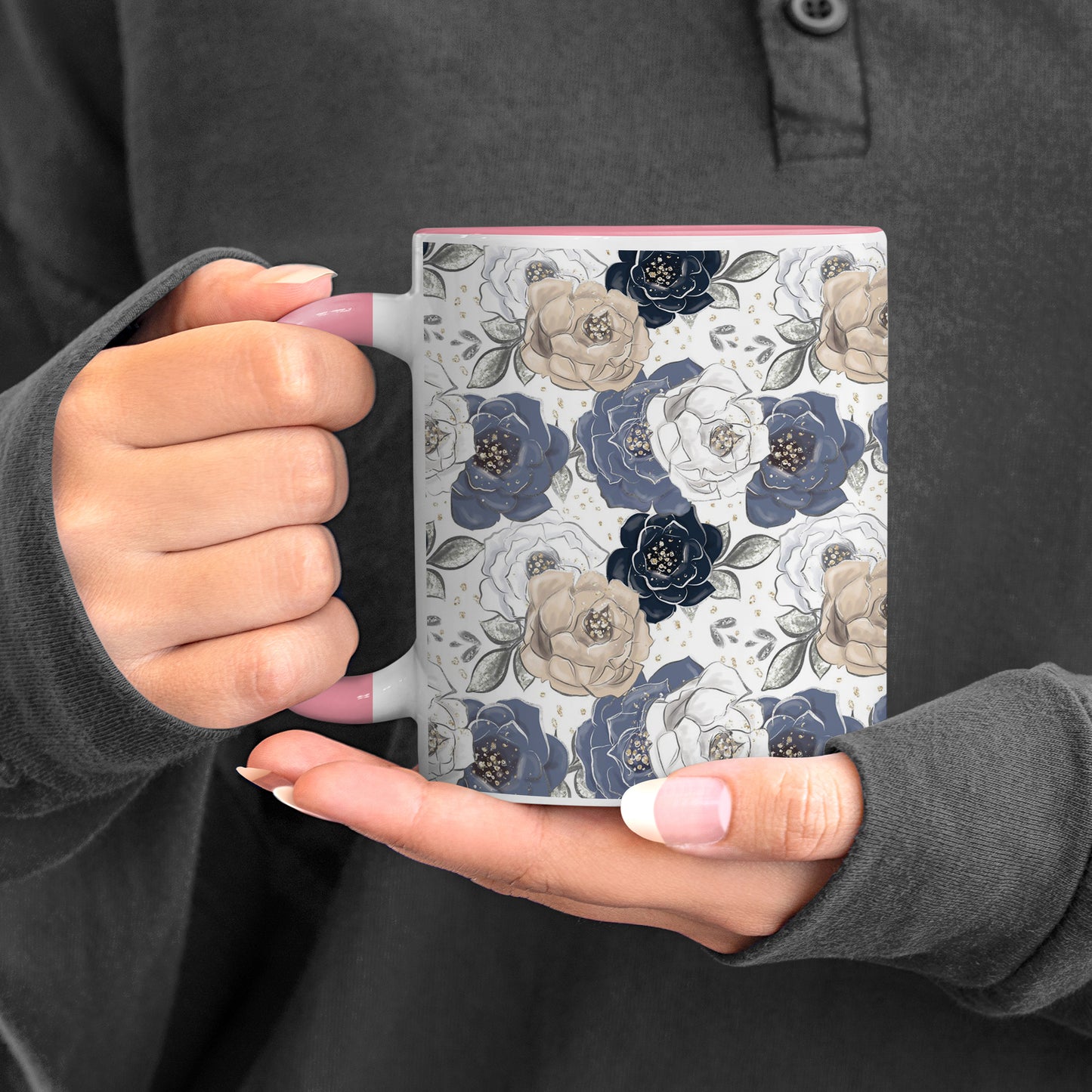 Flowers design Pattern Lite Pink Handle 330 ml Coffee Mug