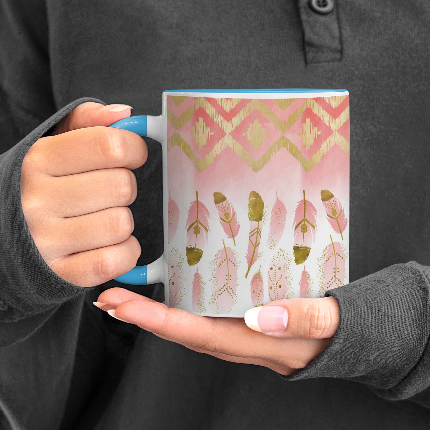 Pink plumas design Pattern Sky Blue Handle 330 ml Coffee Mug