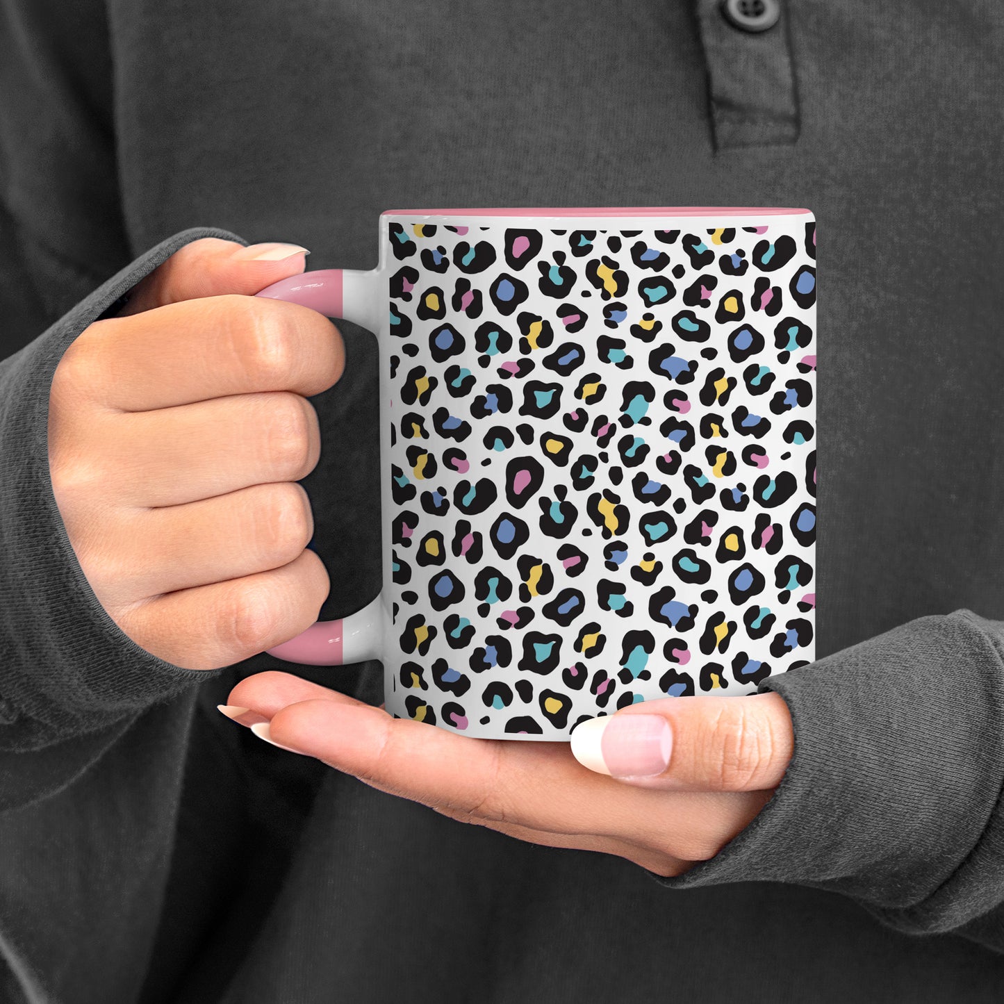 Color full Vector leopard animal motif vector seamless pattern design Pattern Lite Pink Handle 330 ml Coffee Mug