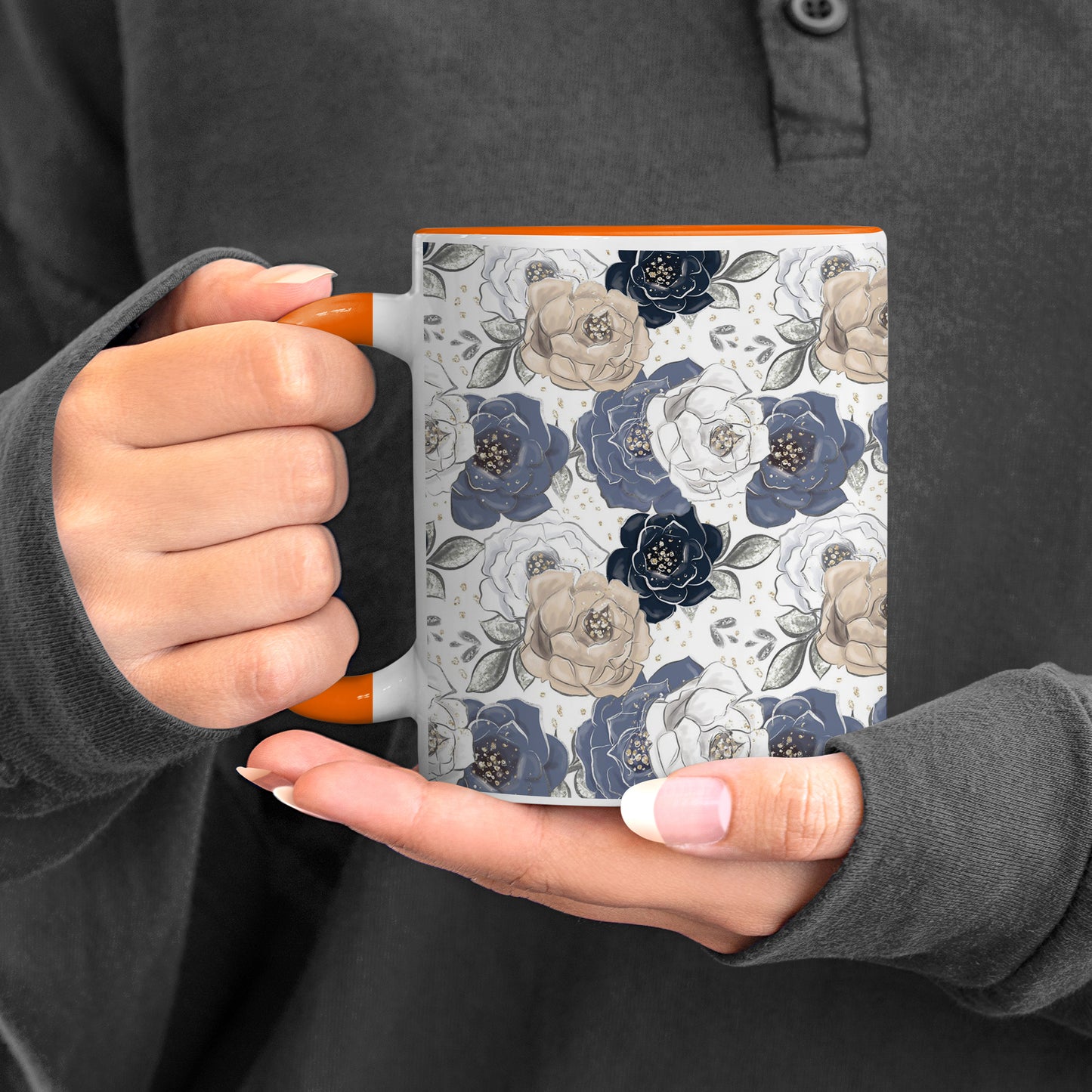 Flowers design Orange Handle 330 ml Coffee Mug