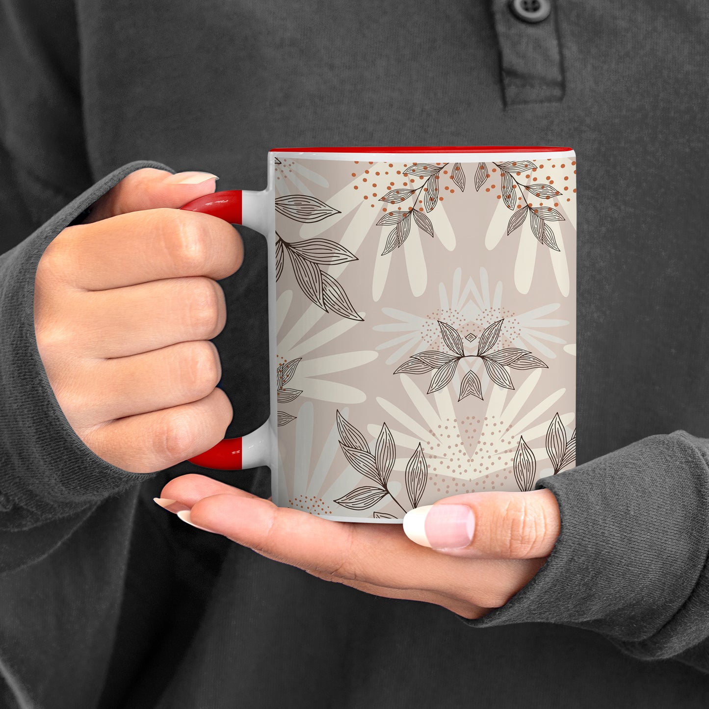 Abstract leaves and dots pattern design Red Handle 330 ml Coffee Mug