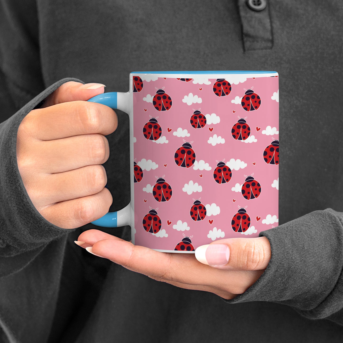 Ladybug pattern design Pattern Sky Blue Handle 330 ml Coffee Mug