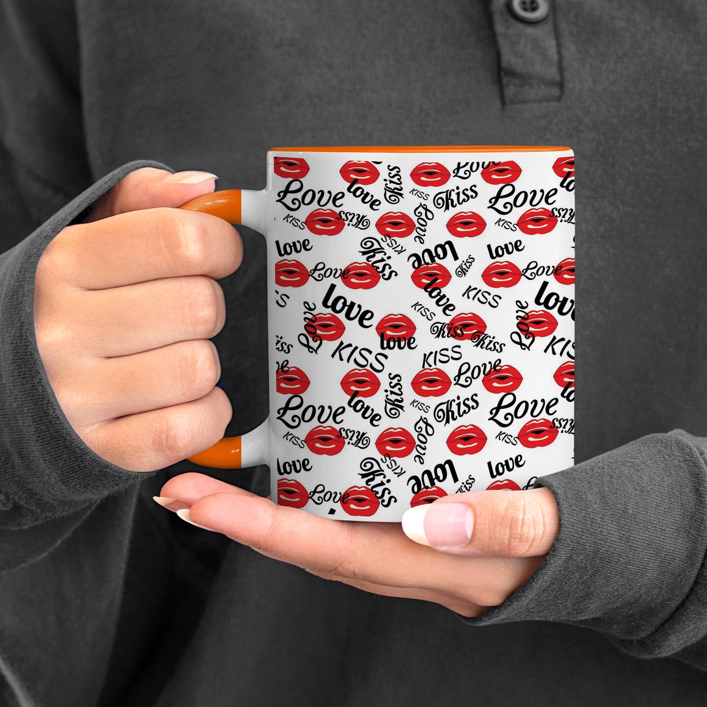 Red kissing lips vector Pattern design Orange Handle 330 ml Coffee Mug