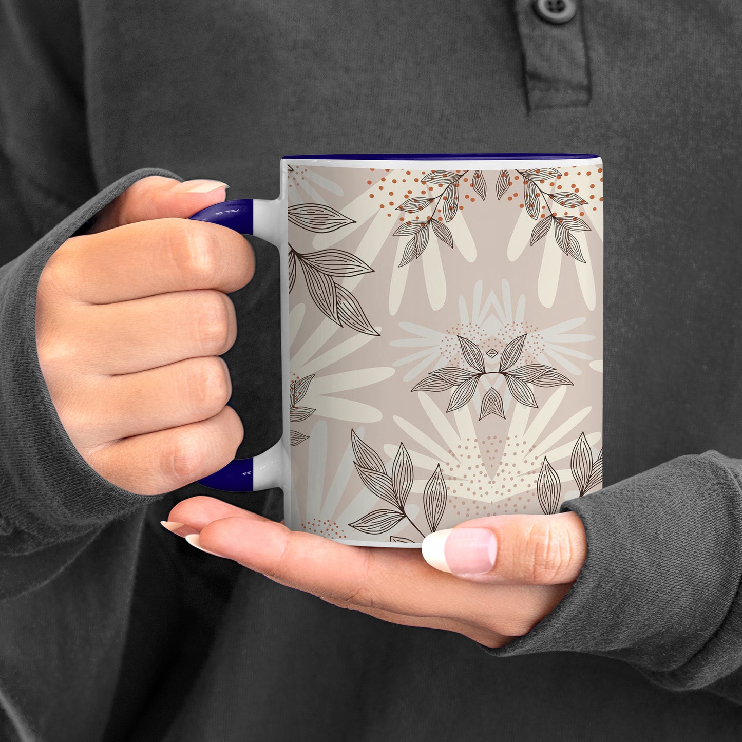 Abstract leaves and dots pattern design Pattern Dark Blue Handle 330 ml Coffee Mug