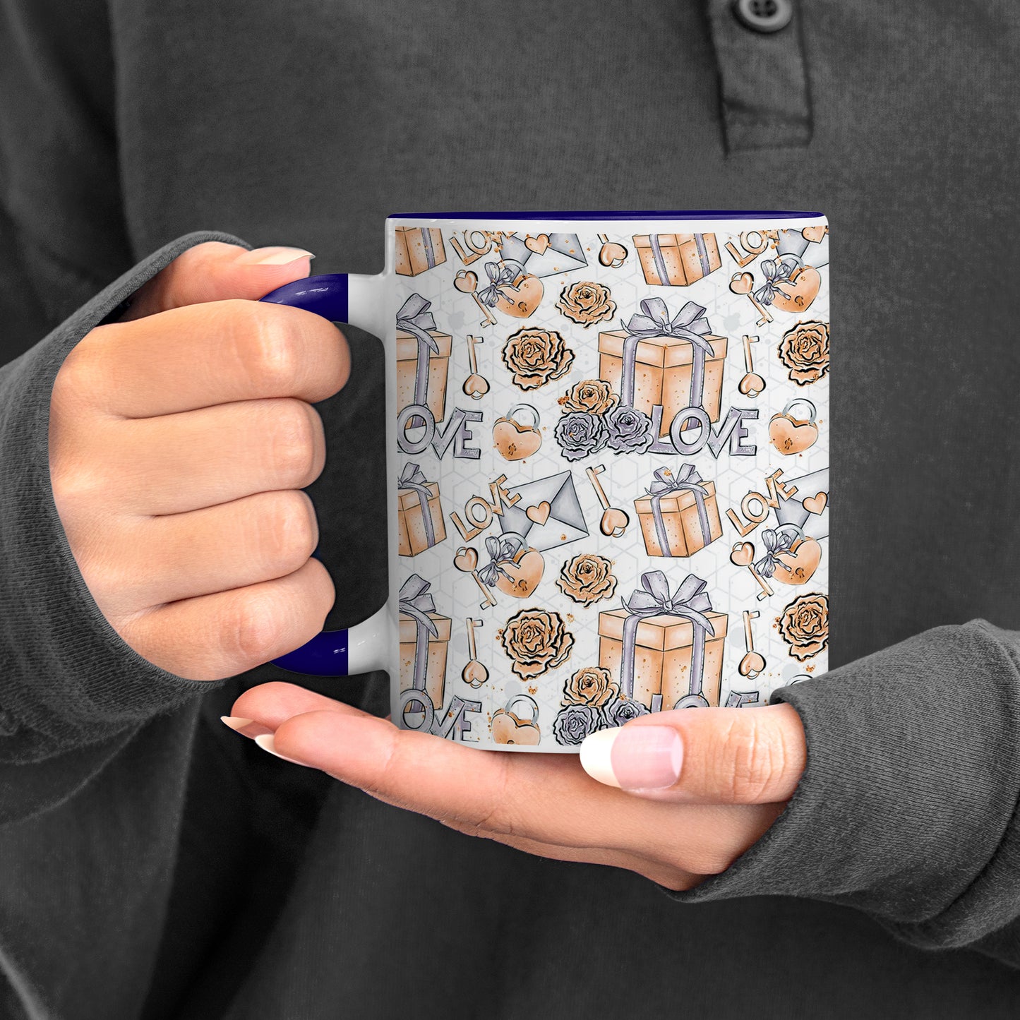 Gift box pattern design Pattern Dark Blue Handle 330 ml Coffee Mug