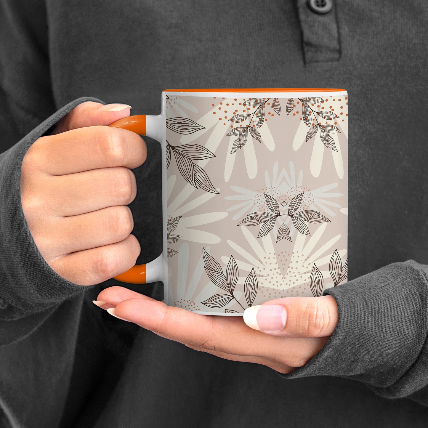Abstract leaves and dots pattern design Orange Handle 330 ml Coffee Mug